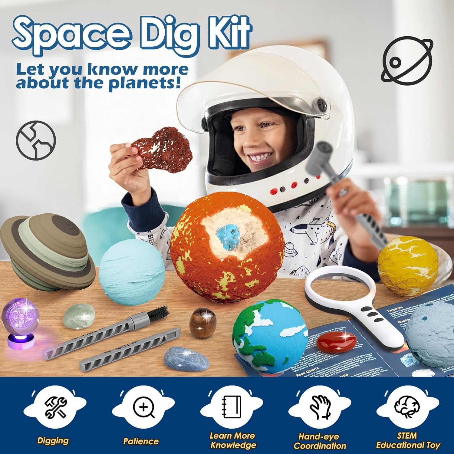 Woumserta Kit de excavación de piedras preciosas, juguetes espaciales del sistema solar excavan 15 gemas de 10 planetas, kits de ciencia para niños
