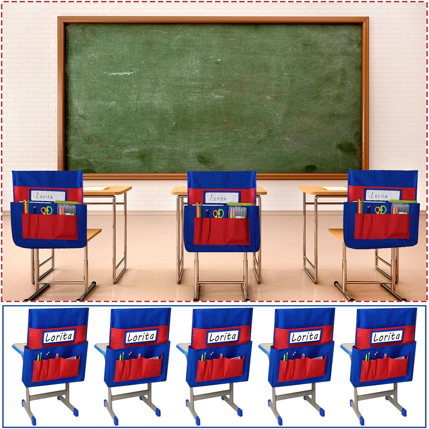 Panelee 20 bolsillos para sillas para aulas, organizador de respaldo de asiento con ranura para nombre y bolsas de almacenamiento, bolsa para silla