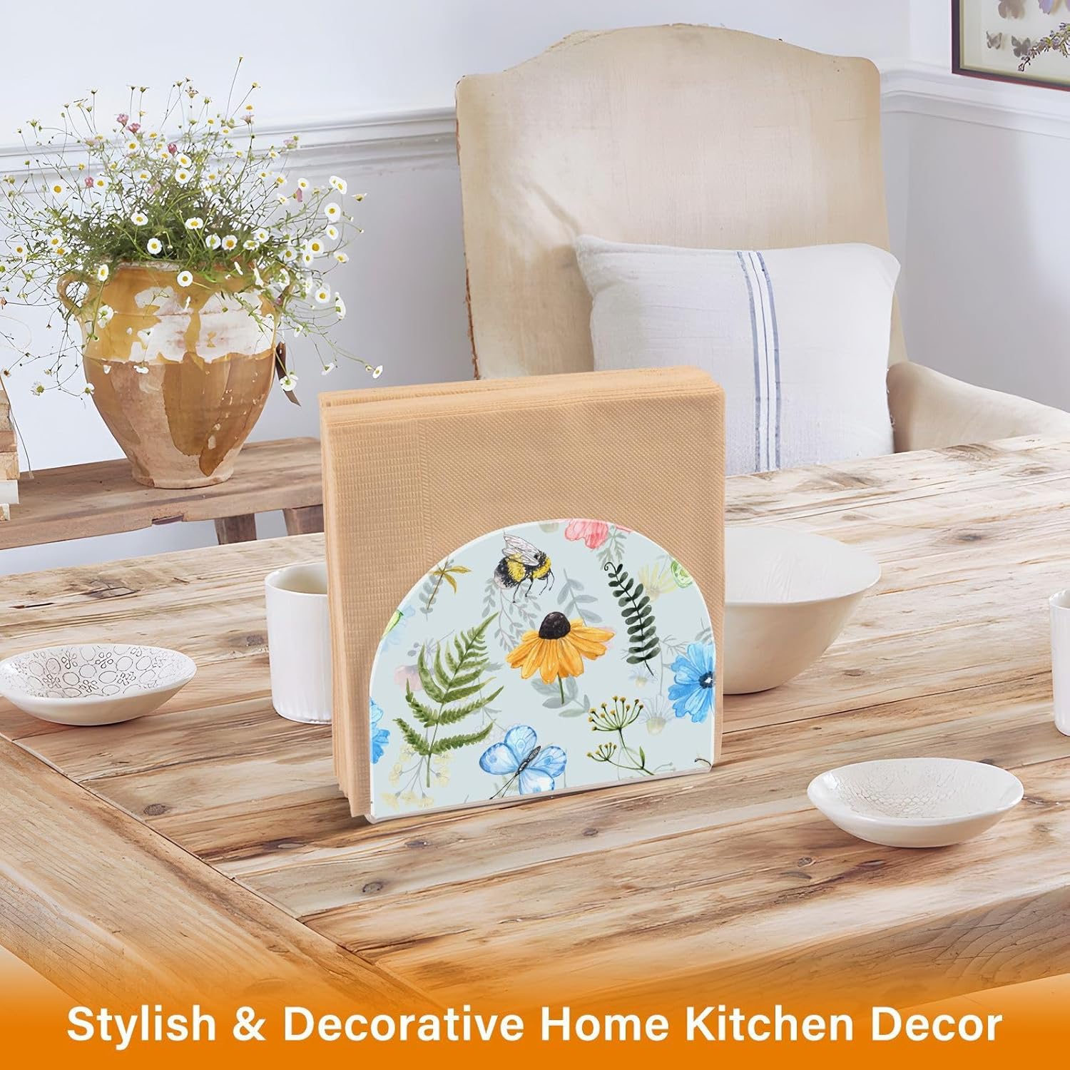 Napkin Holder Wildflowers Butterfly Napkin Holders for Tables, Clear Acrylic Napkin Holders Cocktail Napkin Holder for Kitchen Restaurant Bar Home