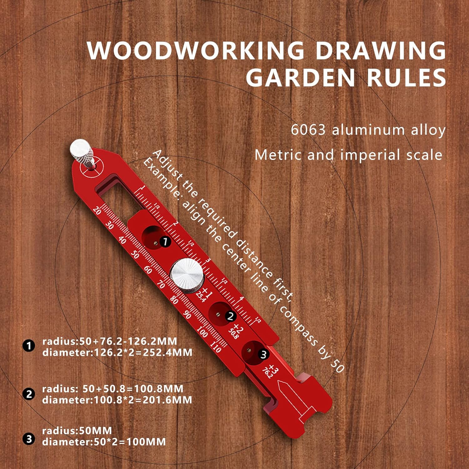 Scriber de brújula de carpintería de aleación de aluminio, ajustable métricapulgada redonda dibujo arco círculo regla marcado medidor herramientas