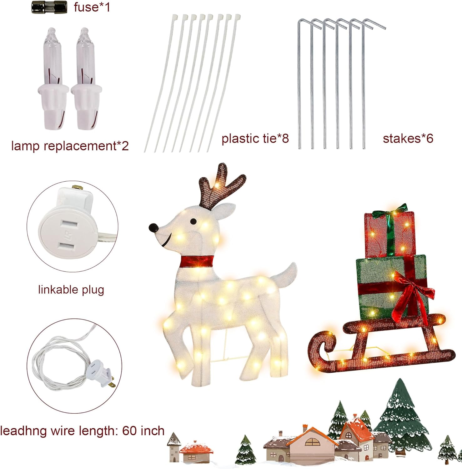 Joliyoou Decoración de Navidad 2D para patio, juego de 3 renos preiluminados con 60 luces LED blancas cálidas para puerta delantera de Navidad,