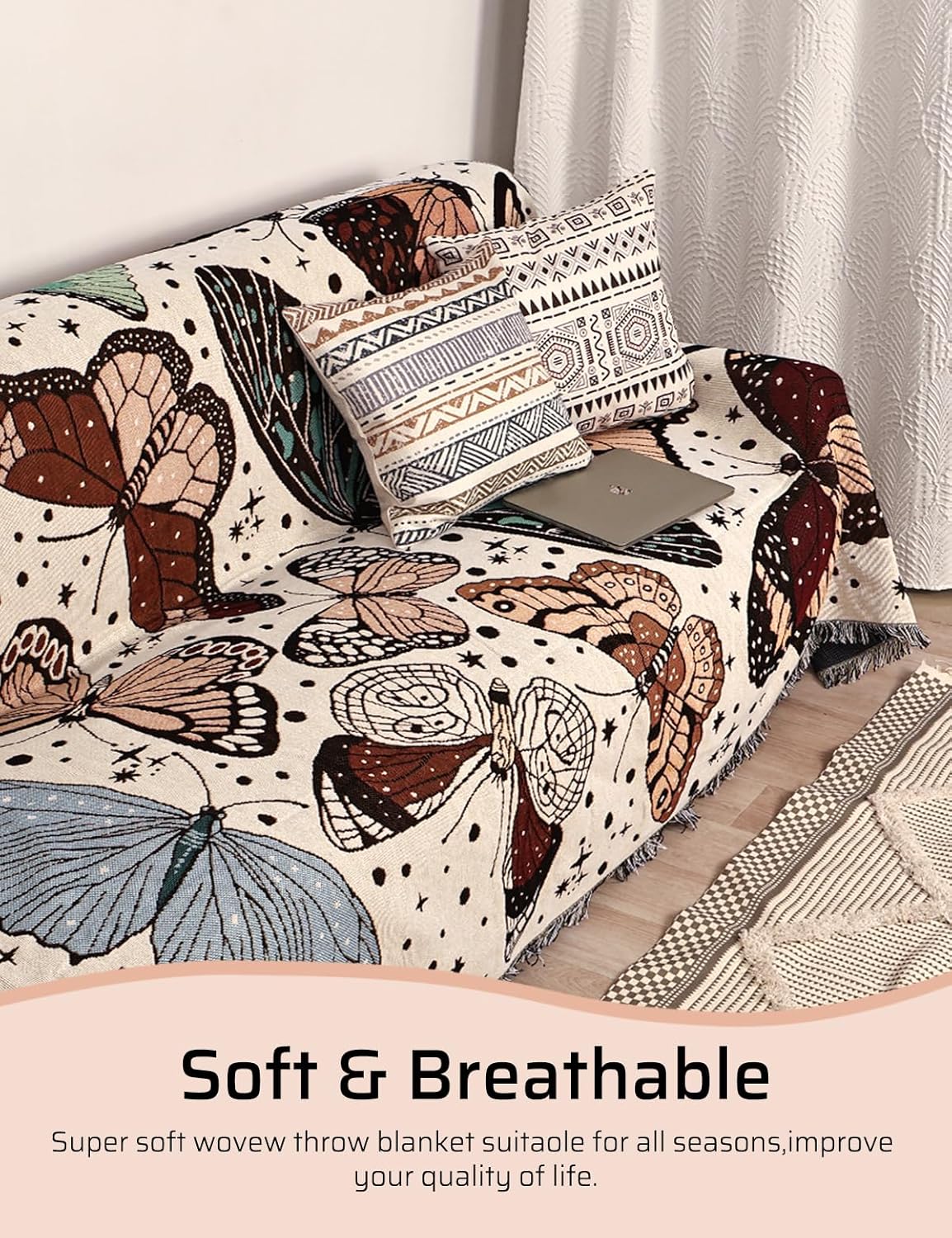 Shesyuki Manta bohemia reversible de algodón, tapiz bohemio hippie para decoración de habitación de doble cara (estampado de polilla de monte 60 x