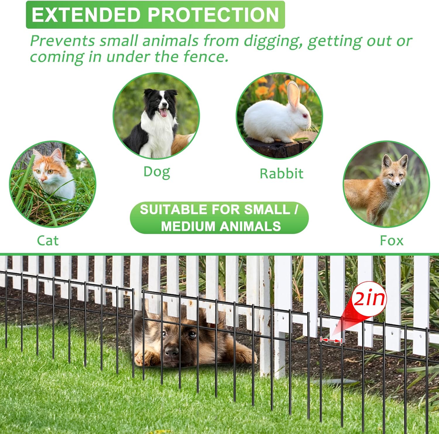 Paquete de 4 vallas de barrera de animales de 20 pulgadas de largo x 10 pulgadas de alto, cercado de jardín decorativo subterráneo con espacio de
