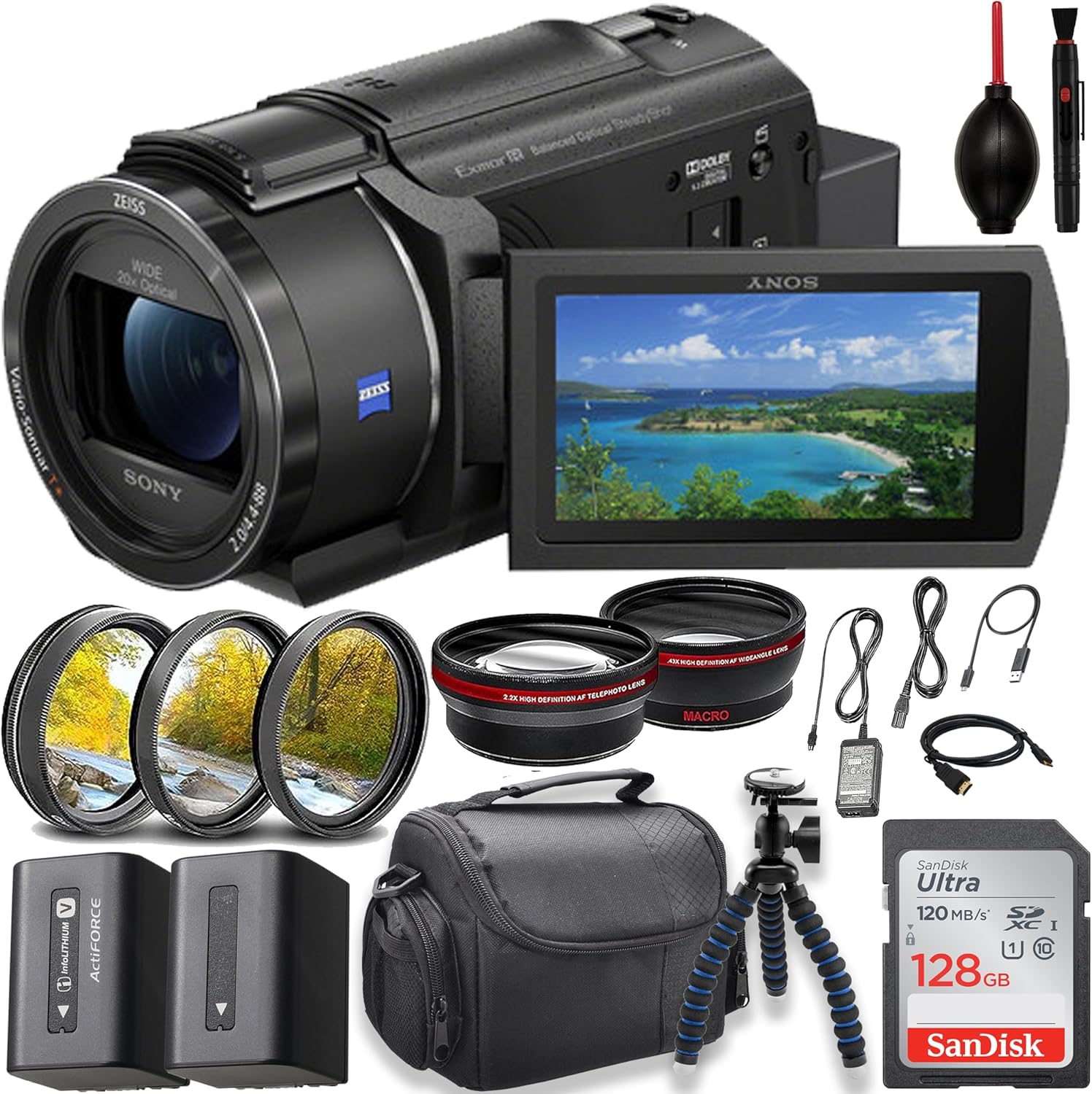 Sony FDR-AX43 UHD 4K Handycam Videocámara con tarjeta de memoria de 128 GB + filtros + batería extra y más