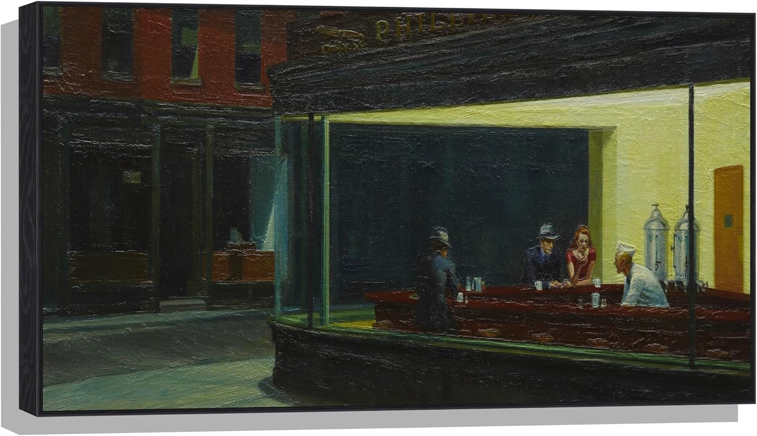 Simulación de impresión 3D textura pintada a mano sobre lienzo pintura Edward Hopper Classic Wall Art Nighthawks Diner Urban Streetscape Hecho a