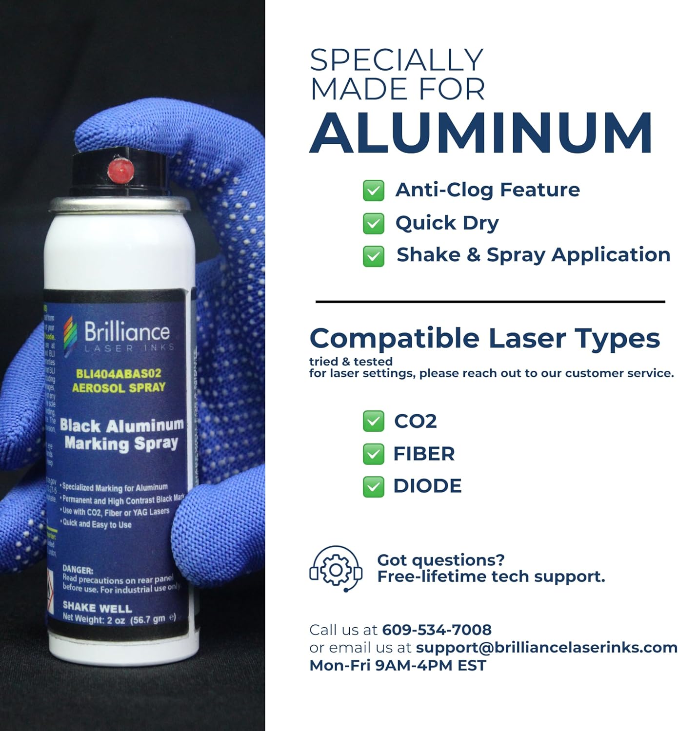 Brilliance Laser Inks Spray de marcado láser de aluminio de 2 onzas, negro, antiobstrucciones, aerosol permanente de grabado de metal, compatible