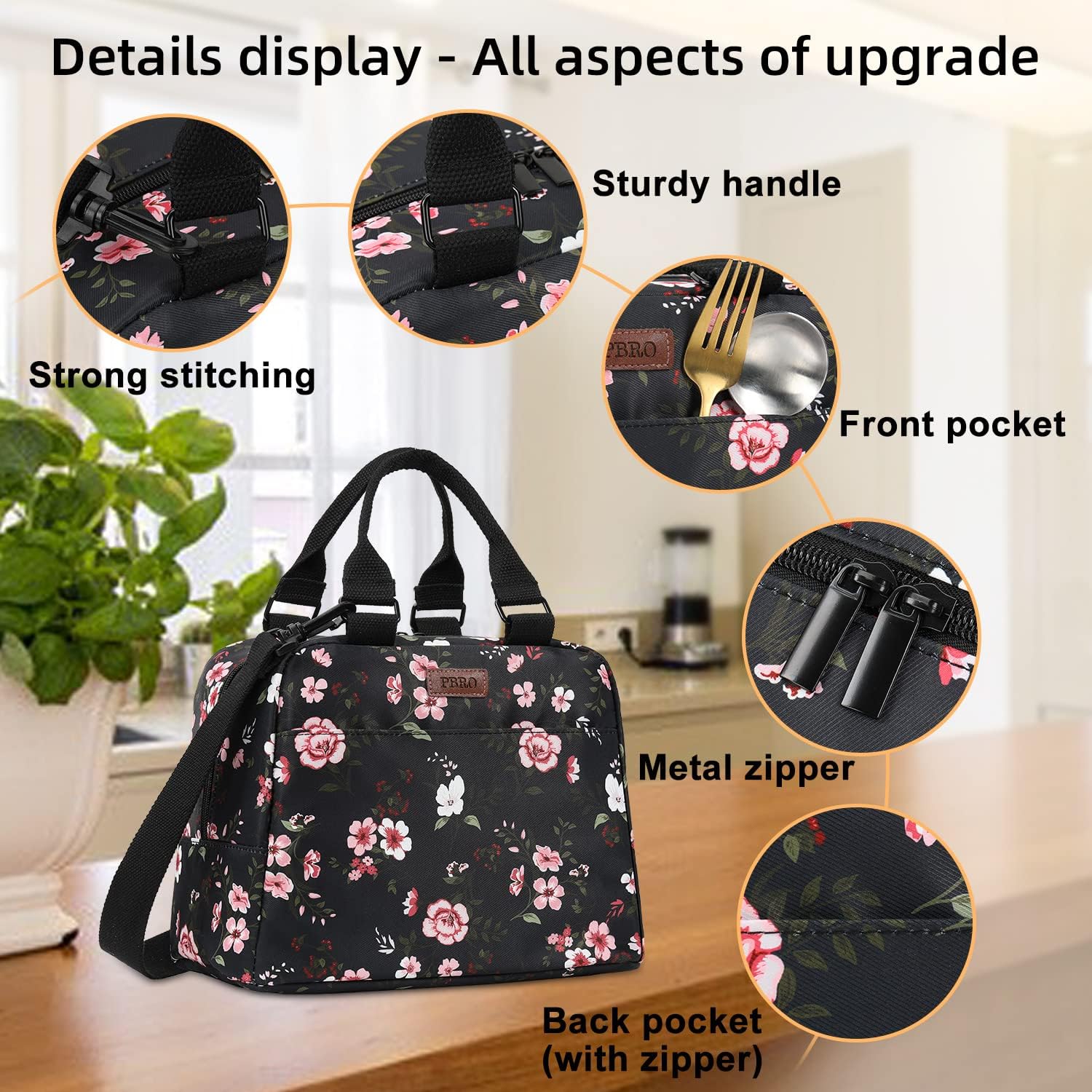 PBRO Lonchera térmica para mujer, bolsa de almuerzo reutilizable de apertura amplia con cinturón de hombro ajustable, bonita lonchera portátil con