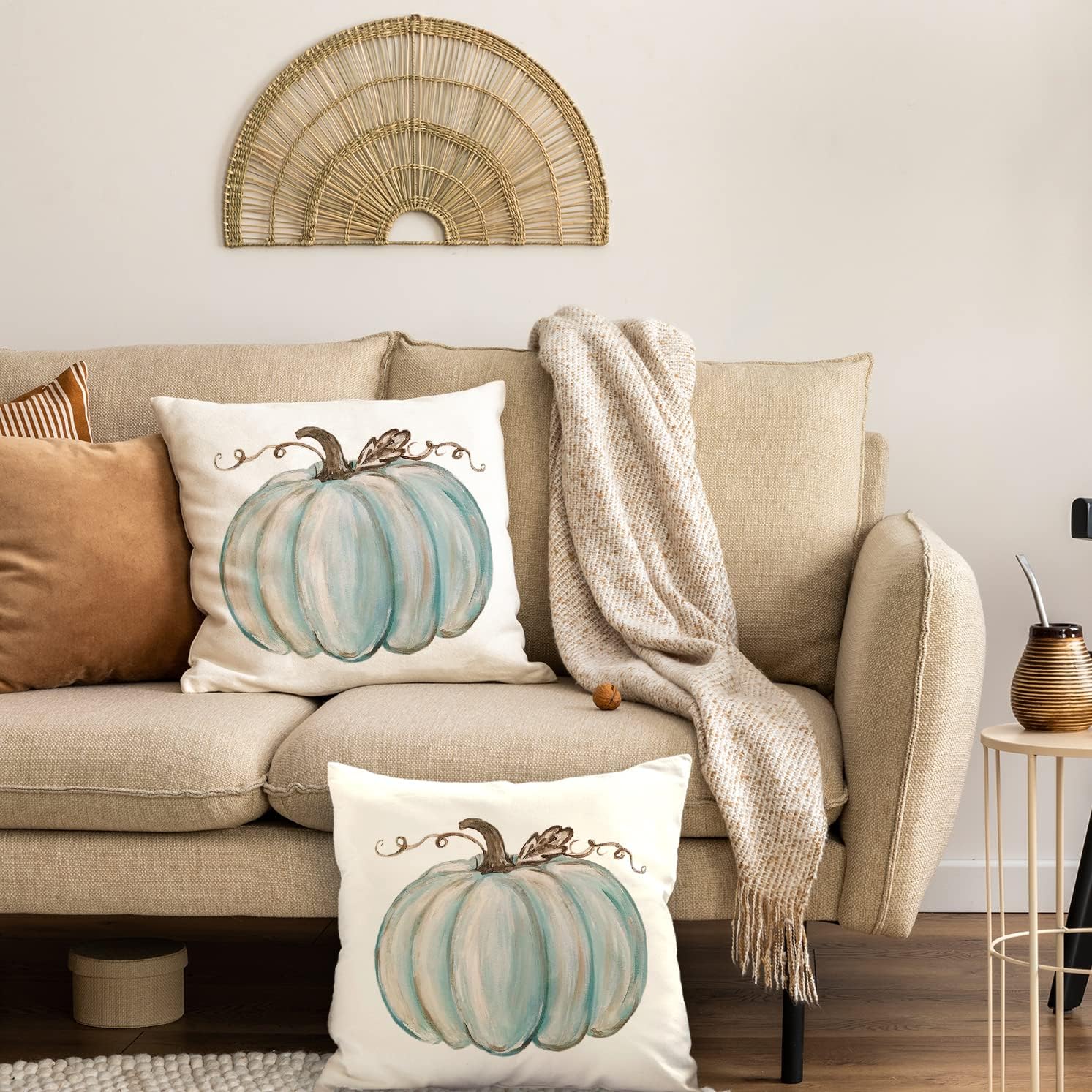 Juego de 2 fundas de almohada decorativas de otoño de 20 x 20 pulgadas, fundas de cojín de calabaza azul claro, lino sintético, granja, Acción de