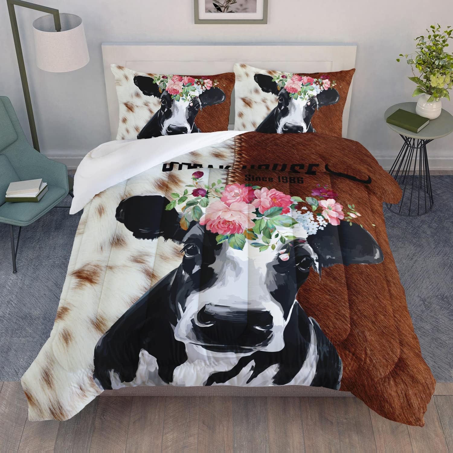 AILONEN Juego de edredón de ganado lechero para niños, niñas, niños, adolescentes, tamaño Queen, pintura al óleo 3D y flores sobre cabeza de vaca