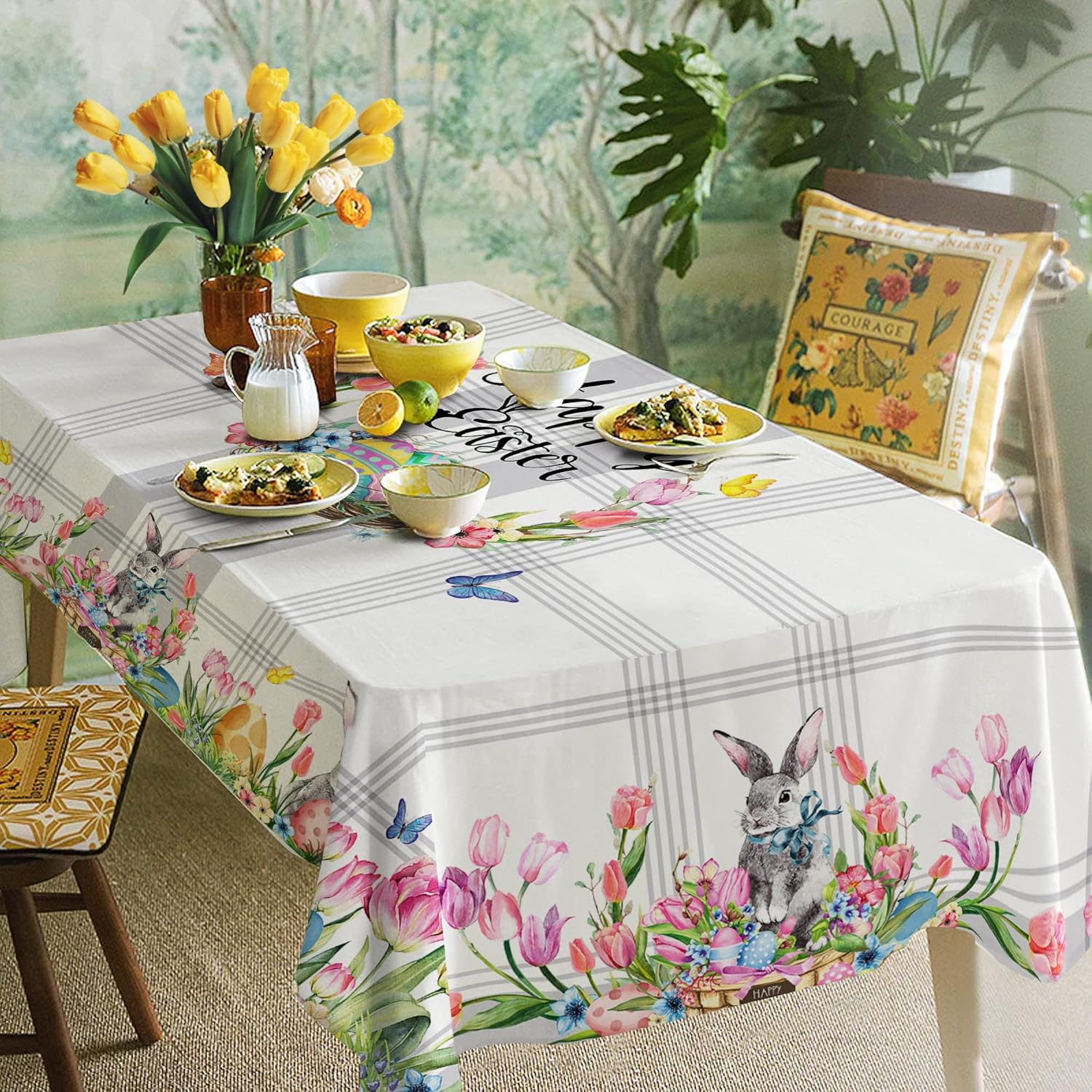 Hexagram Mantel de Pascua, mantel rectangular de 52 x 70 pulgadas, tela de primavera, decoración de conejito para cena, fiestas