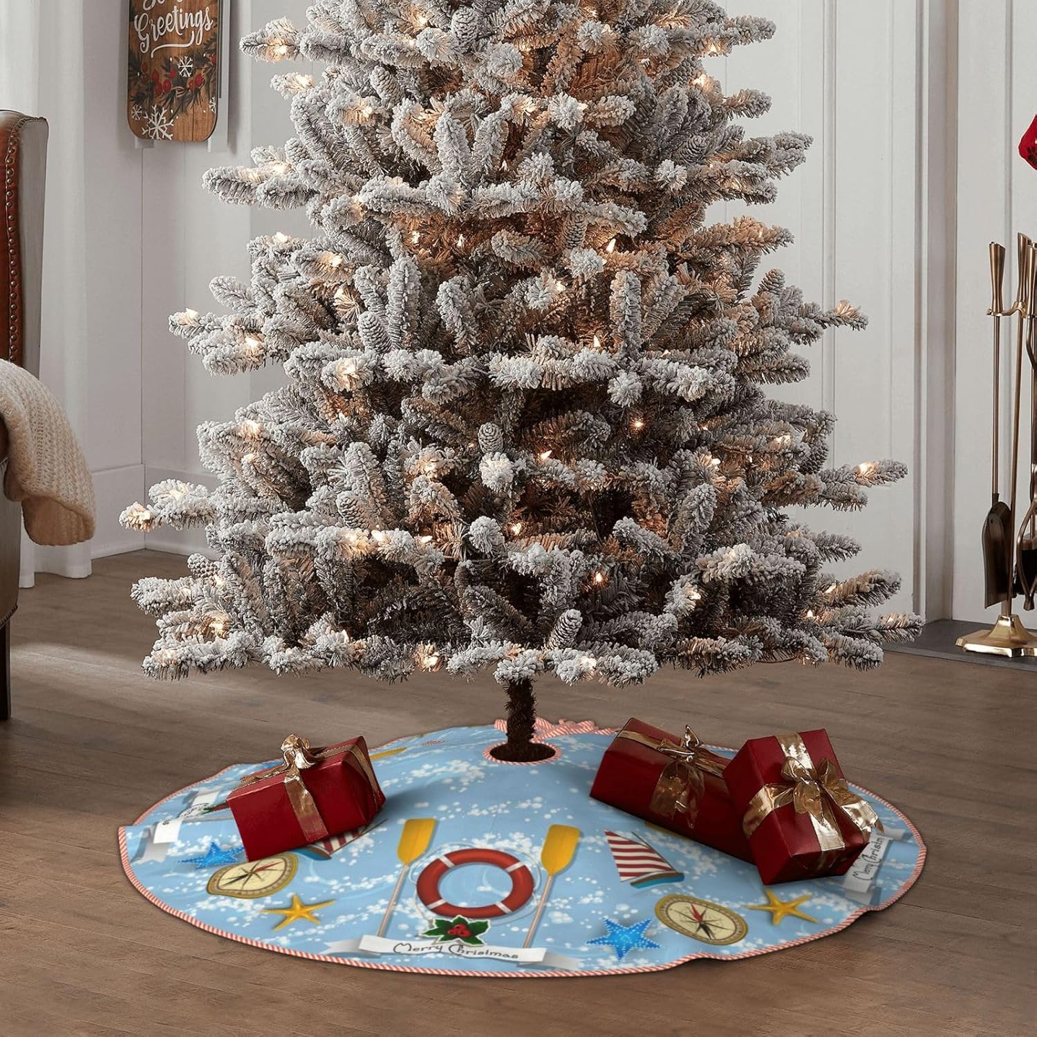 Falda de árbol de Navidad, náutico, decoración de Navidad temática costera, para fiestas de vacaciones, decoración de árbol de Navidad, interiores y