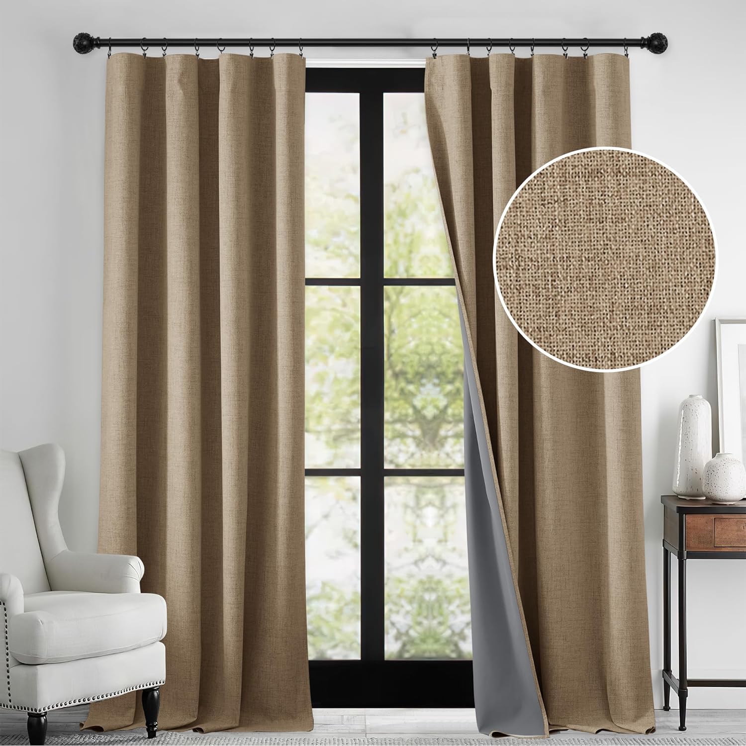 RYB HOME Cortinas opacas con textura de lino 100% para dormitorio, cortinas aislantes de ahorro de energía para sala de estar, comedor, patio,