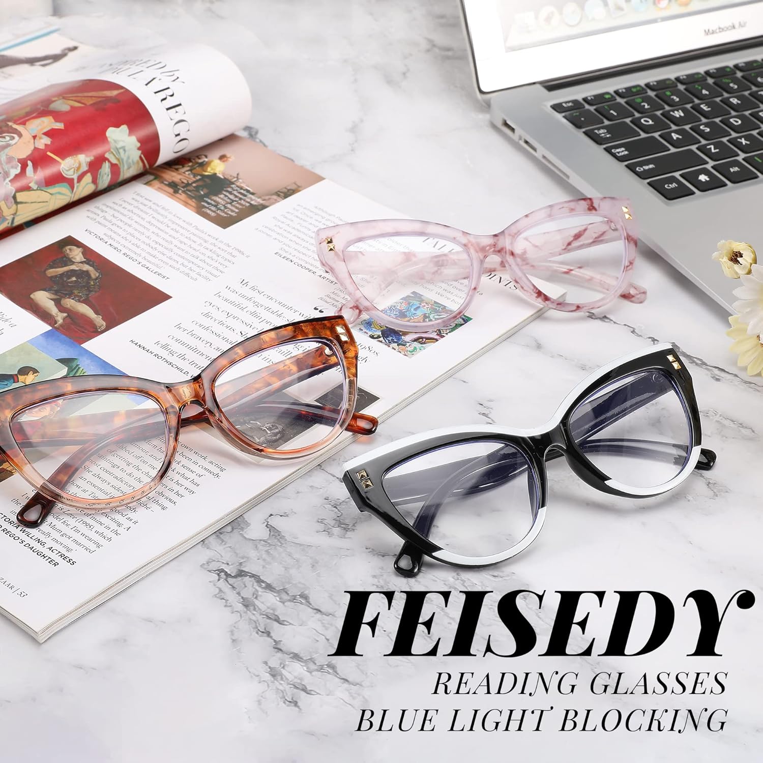 FEISEDY Gafas de lectura de ojo de gato de gran tamaño para mujer, estilo vintage, bloqueo de luz azul, antifatiga ocular B2991
