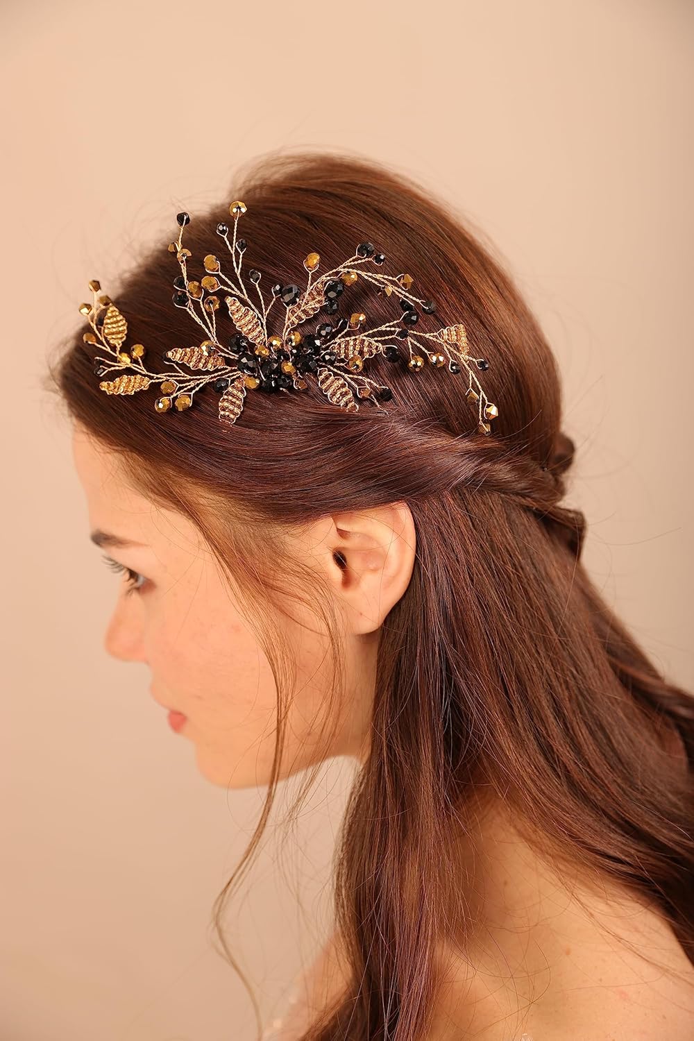 BERYUAN Peine de pelo con cuentas doradas de cristal negro, pieza de pelo de boda, diadema dorada para novia, estilo bohemio, accesorio elegante