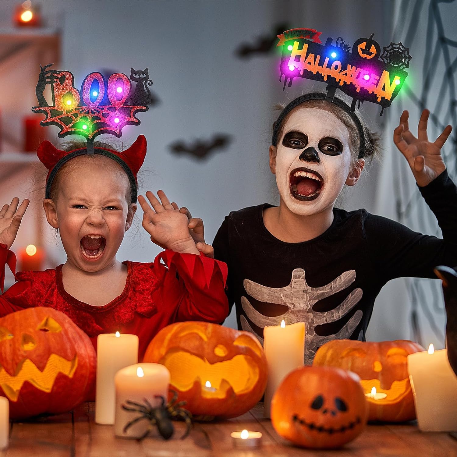 clothmile 4 diademas de Halloween iluminadas con luz LED de calabaza brillante y gato negro, telaraña, diadema LED de Halloween, fiesta, cumpleaños,