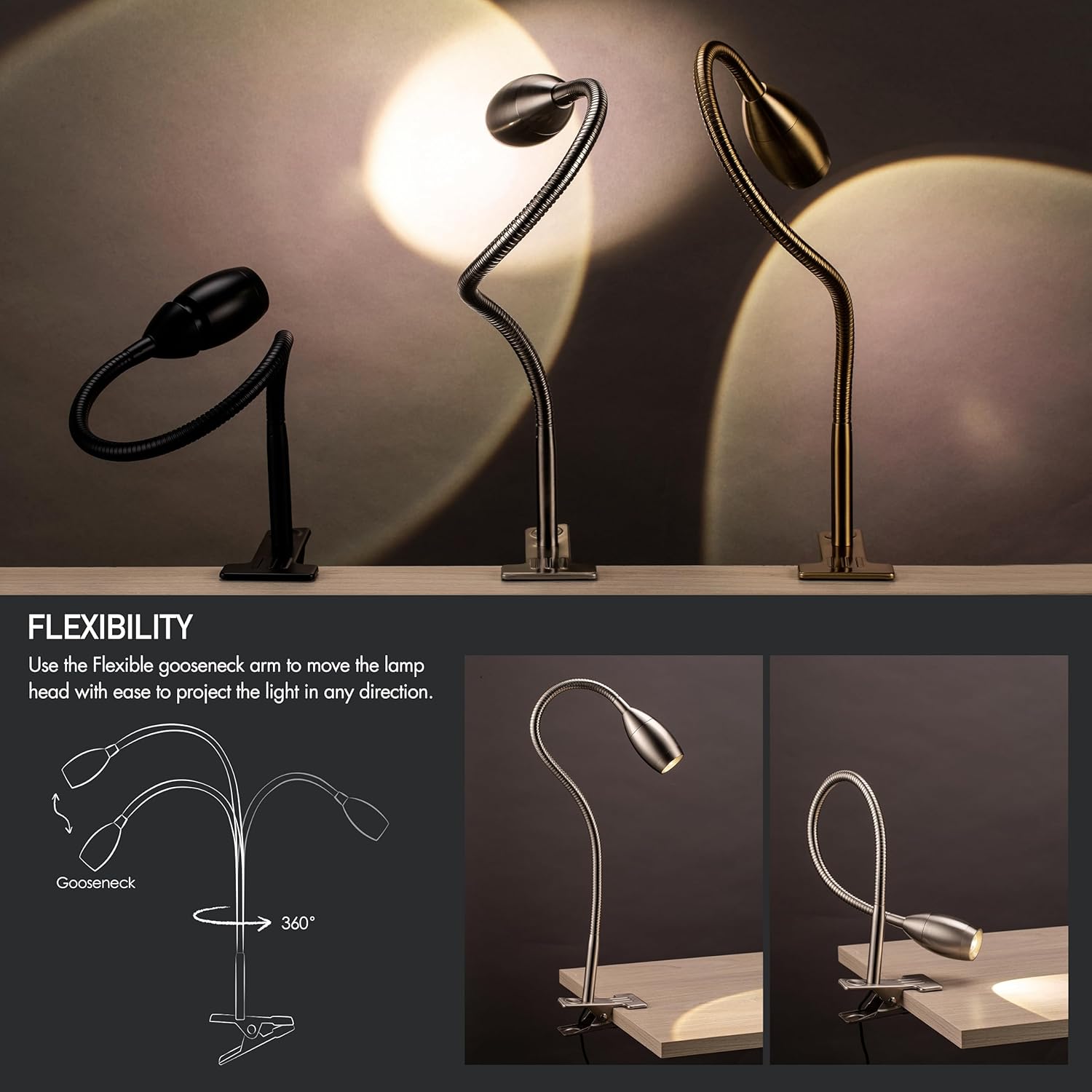 O’Bright Lumos – Lámpara versátil con clip foco zoomable, LED regulable, cuello de cisne flexible, luz de 4000 K, abrazadera 100% metálica, ideal