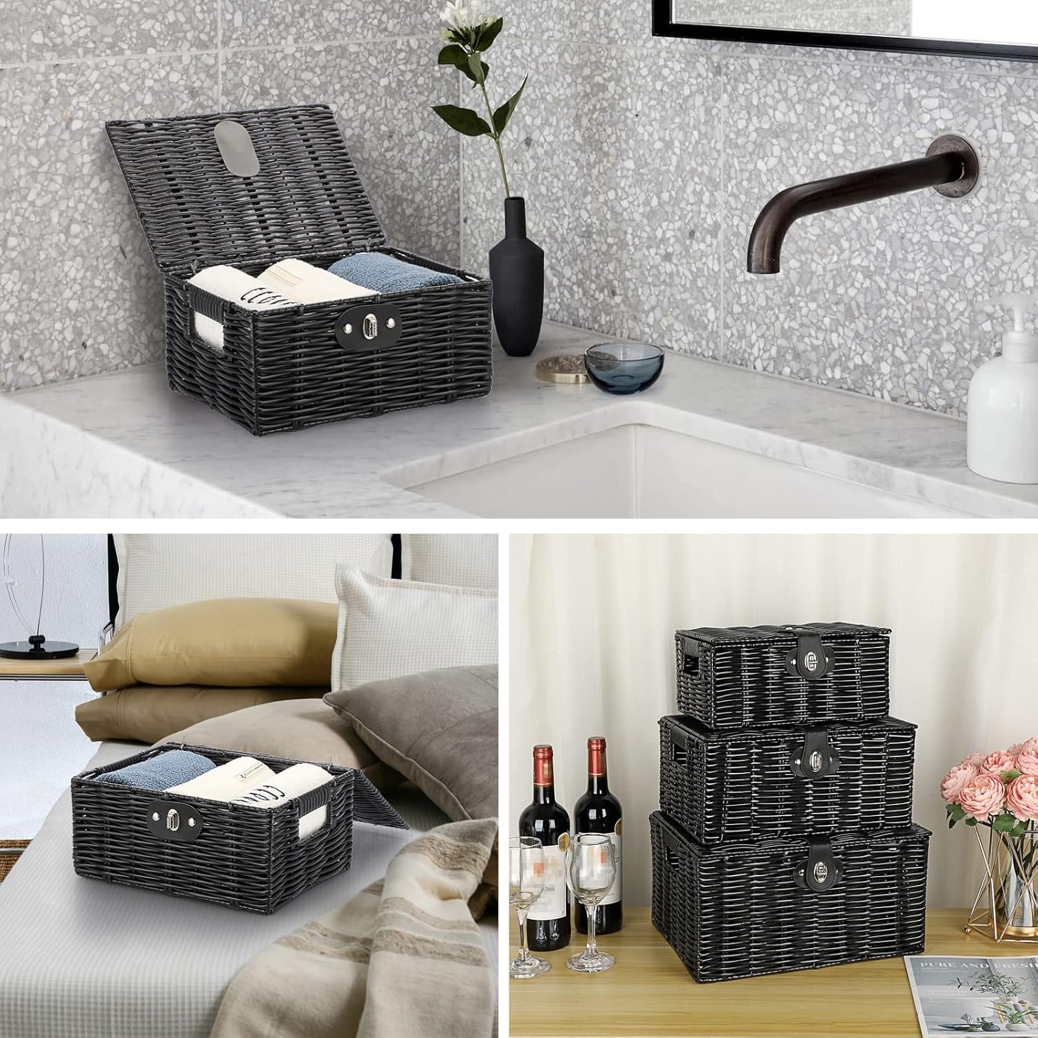 Hipiwe Cajas de almacenamiento decorativas con tapas y cerradura, cesta tejida negra, asas de transporte integradas, cesta de plástico con tapa,