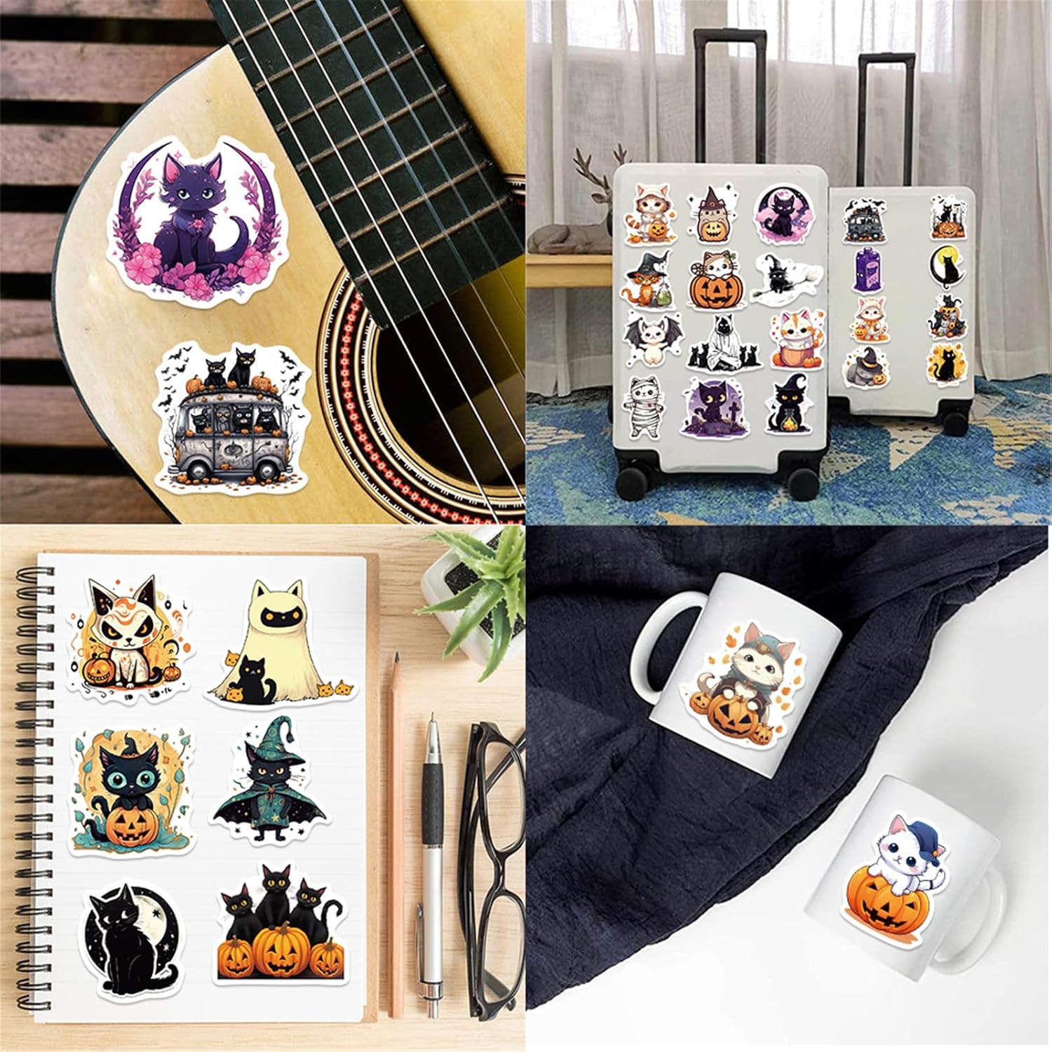 Calcomanías de gatos negros, 50 unidades Kawaii divertidas calcomanías de juguete de gatos de Halloween para libros, grafiti, calcomanías de vinilo