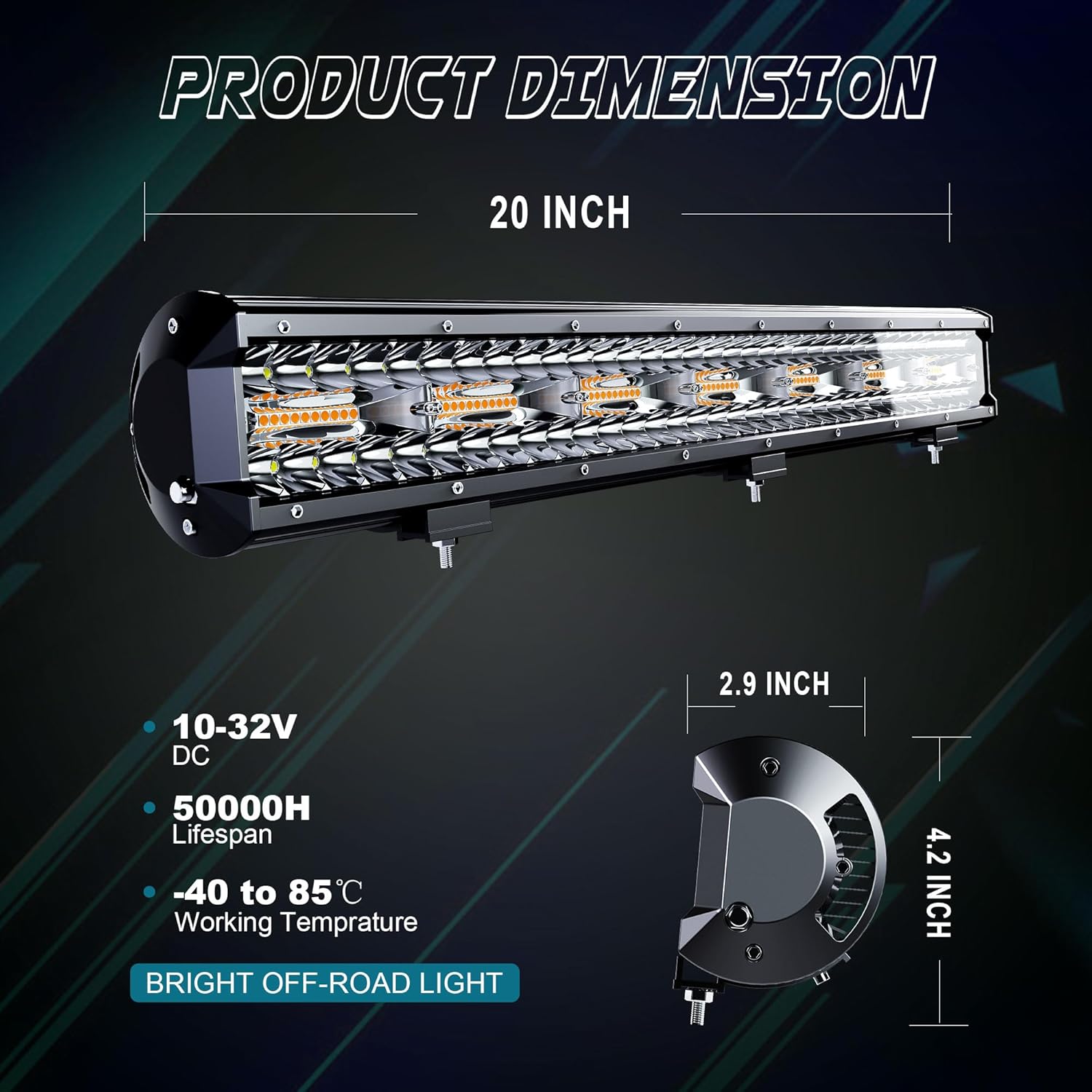 Barra de luz LED de 20 pulgadas y 126 W, luz estroboscópica intermitente blancaámbar con seis modos de conducción, luces antiniebla de conducción,