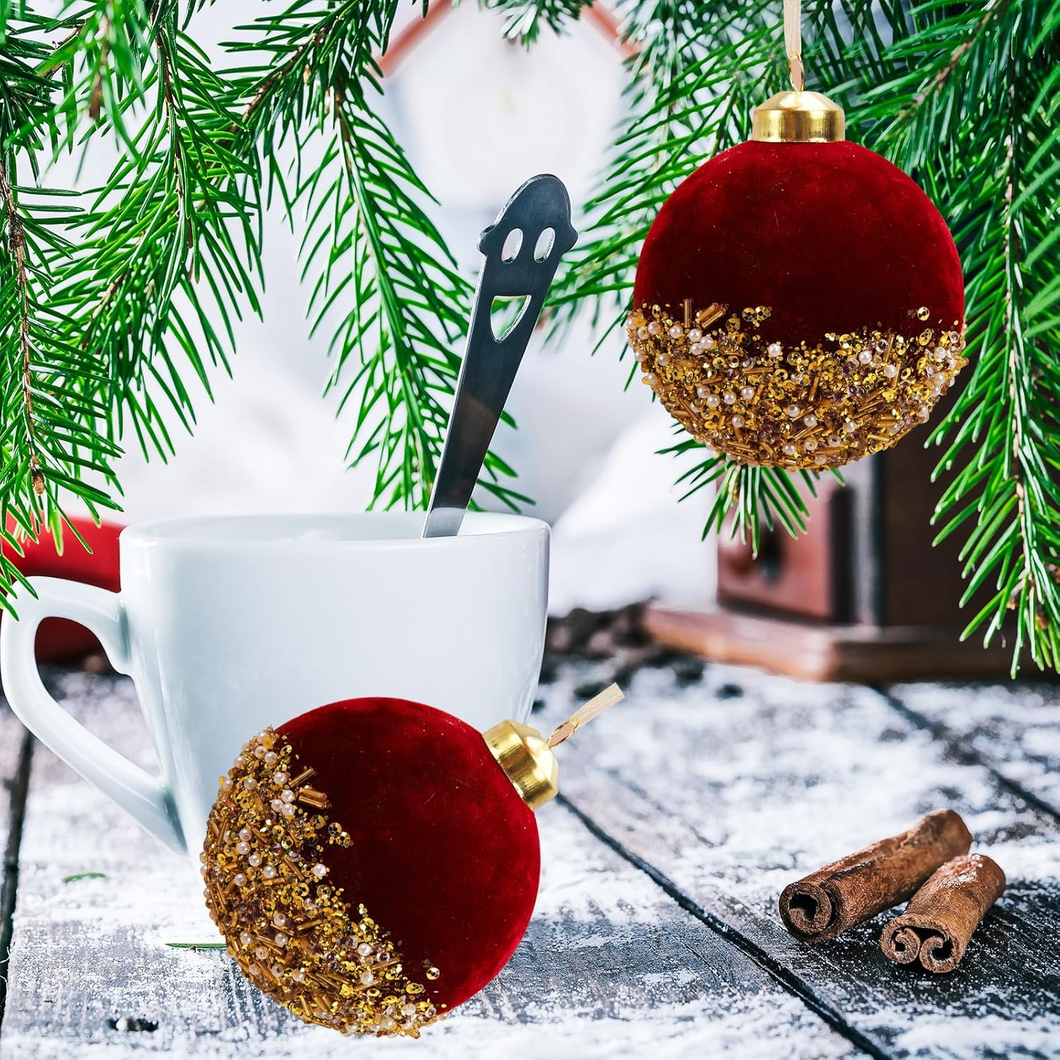 Bolas de Navidad rojas de 3 pulgadas, bolas colgantes para árbol de Navidad de terciopelo rojo, bolas de espuma de lentejuelas con purpurina