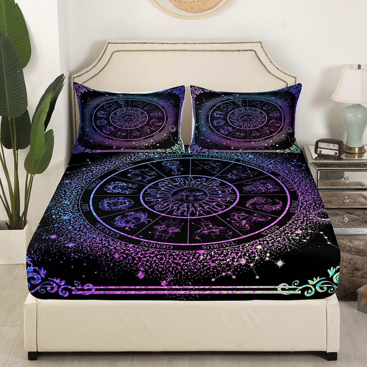 Sun Moon – Sábana bajera ajustable con signos del zodiaco y astrología, constelaciones gemelas, galaxia, regalos espirituales para niñas,