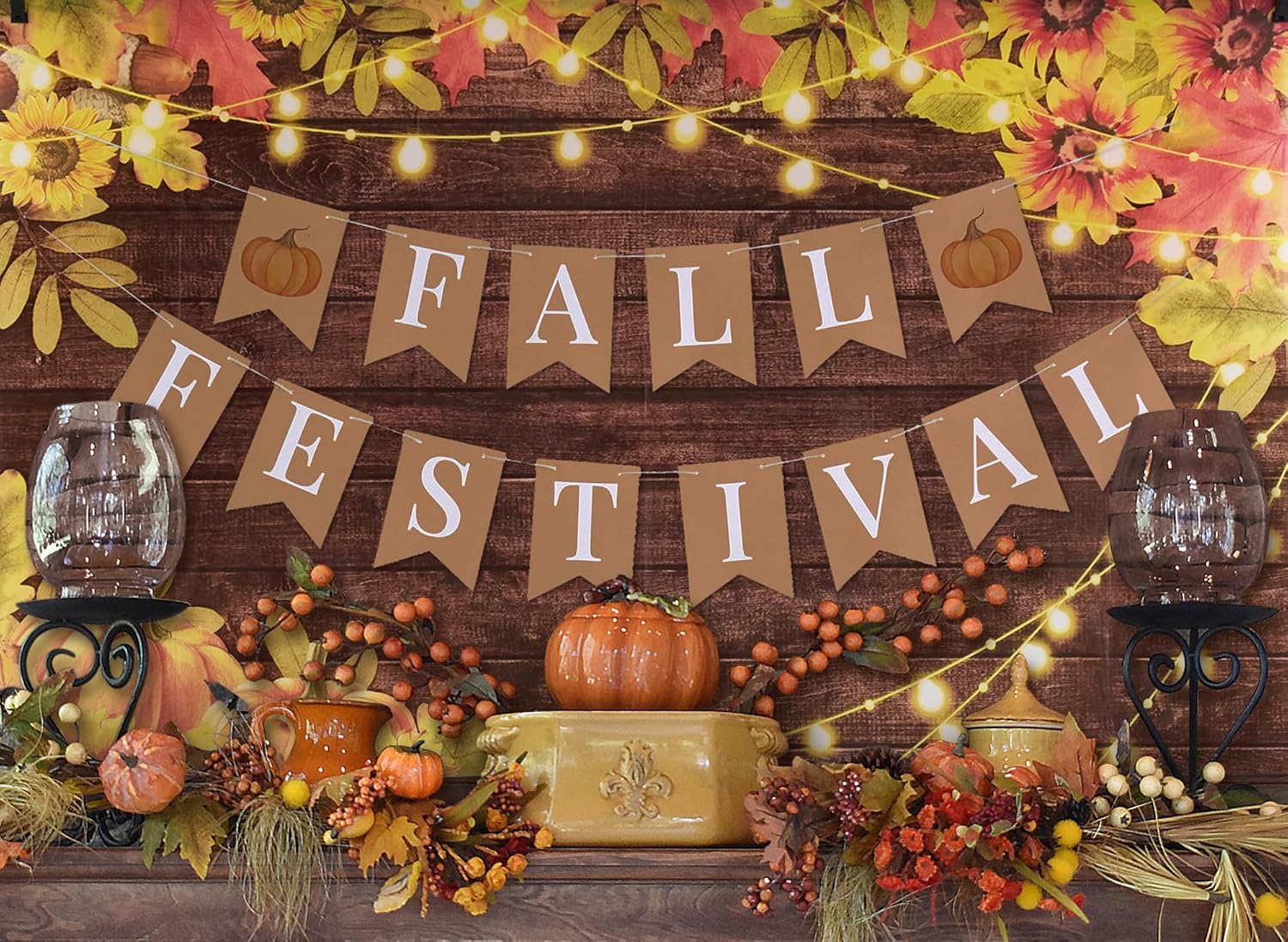 Funnytree Kit de accesorios de decoración para festivales de otoño, telón de fondo de 5.9 x 3.6 pies, tarjetas, cinta, globo, juego de suministros