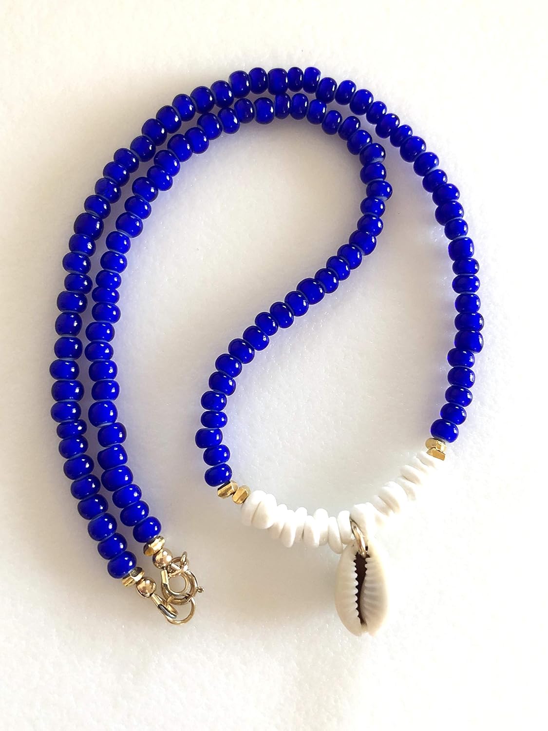 Blue and White Shell Choker, Cobalt Blue African Vintage Trade Beads, Hawaiian Puka Shells, Cowrie Shell, Beach Necklace, 24K Gold Vermeil.