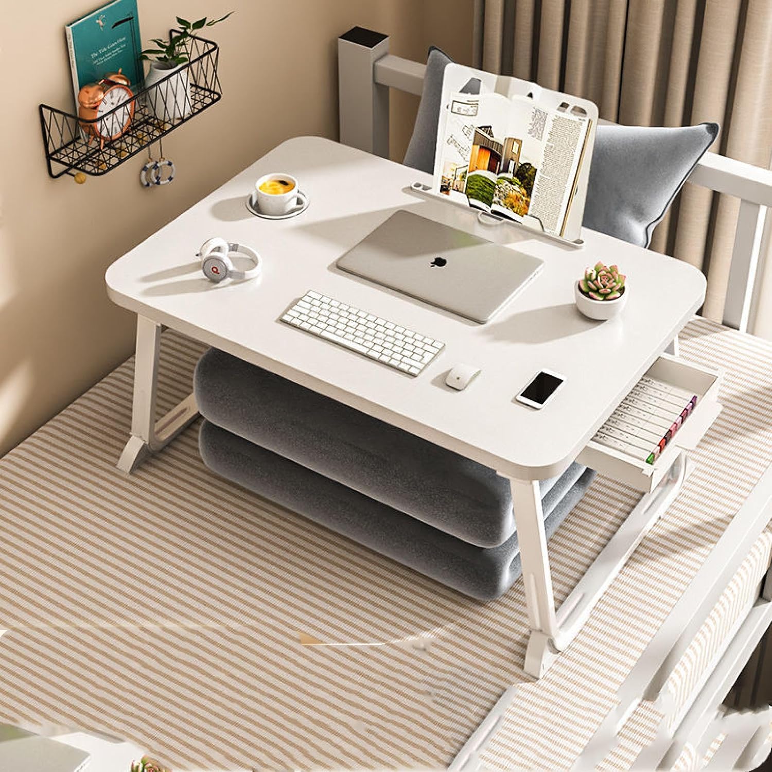 HOPKO Mesa plegable con cama alta, el libro se puede utilizar en el estudio de escritura de dormitorio de computadora portátil