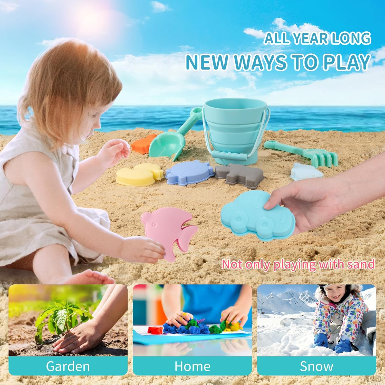 WEYOVGO Juguetes de playa de silicona plegables para la playa, juguetes de playa para niños, cubo de arena y palas con bolsa de malla, moldes de