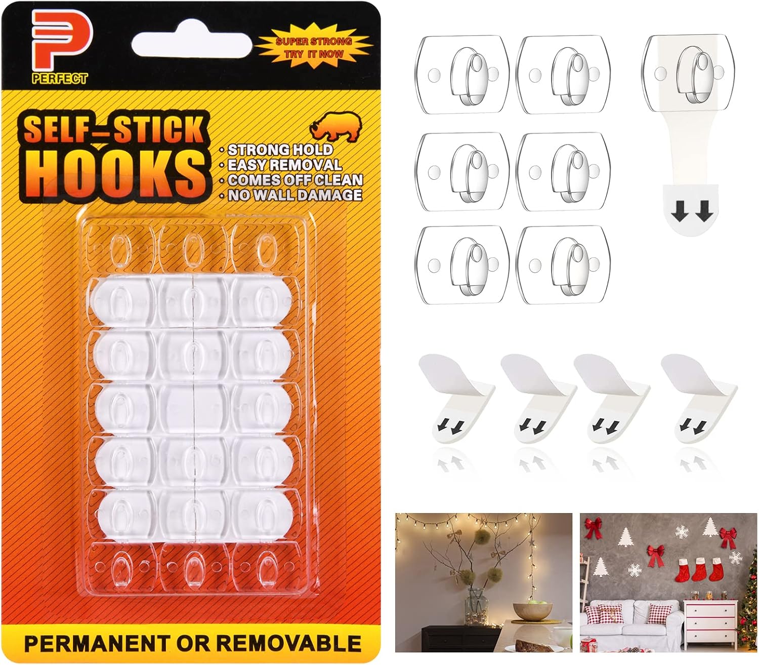 Paquete de 2 mini clips de luz para interiores, ganchos de cadena de luces colgantes de Navidad sin daños con tiras adhesivas, clips de pared