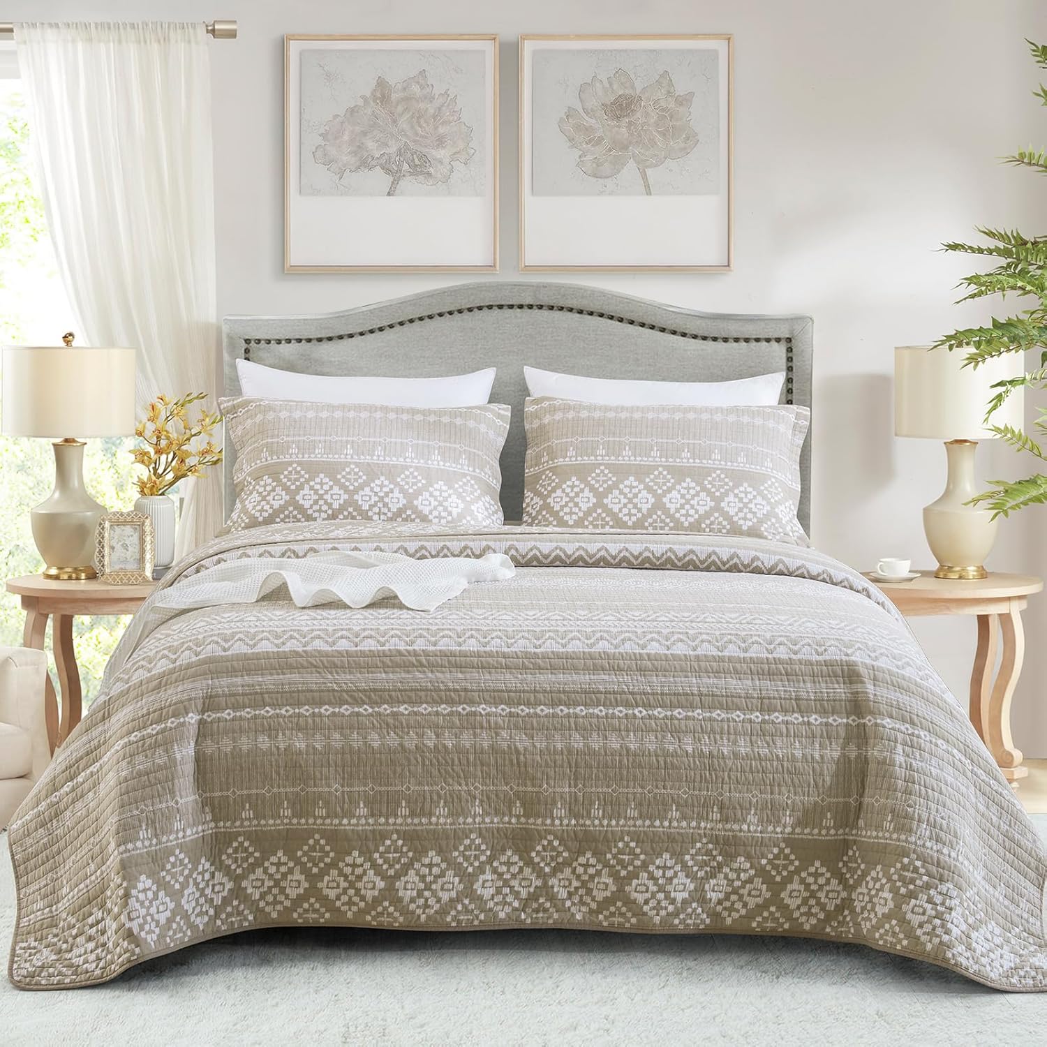 SahSahCasa Juego de edredón tamaño King, 100% algodón, bohemio, juego de ropa de cama, colcha reversible bohemia a rayas ligeras para todas las