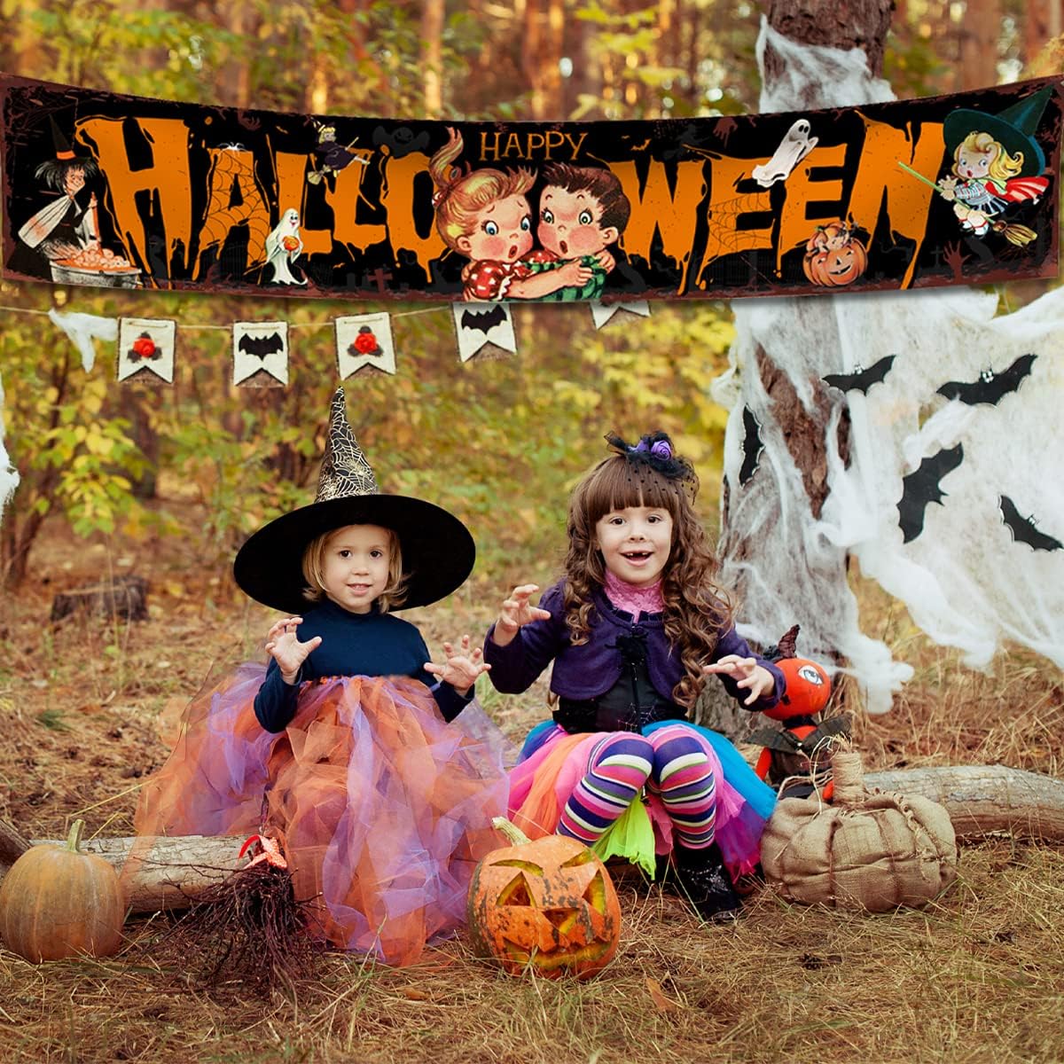 Cartel vintage de feliz Halloween  Letrero de fiesta de Halloween, calabaza espeluznante, decoración al aire libre, pancarta vintage para Halloween,
