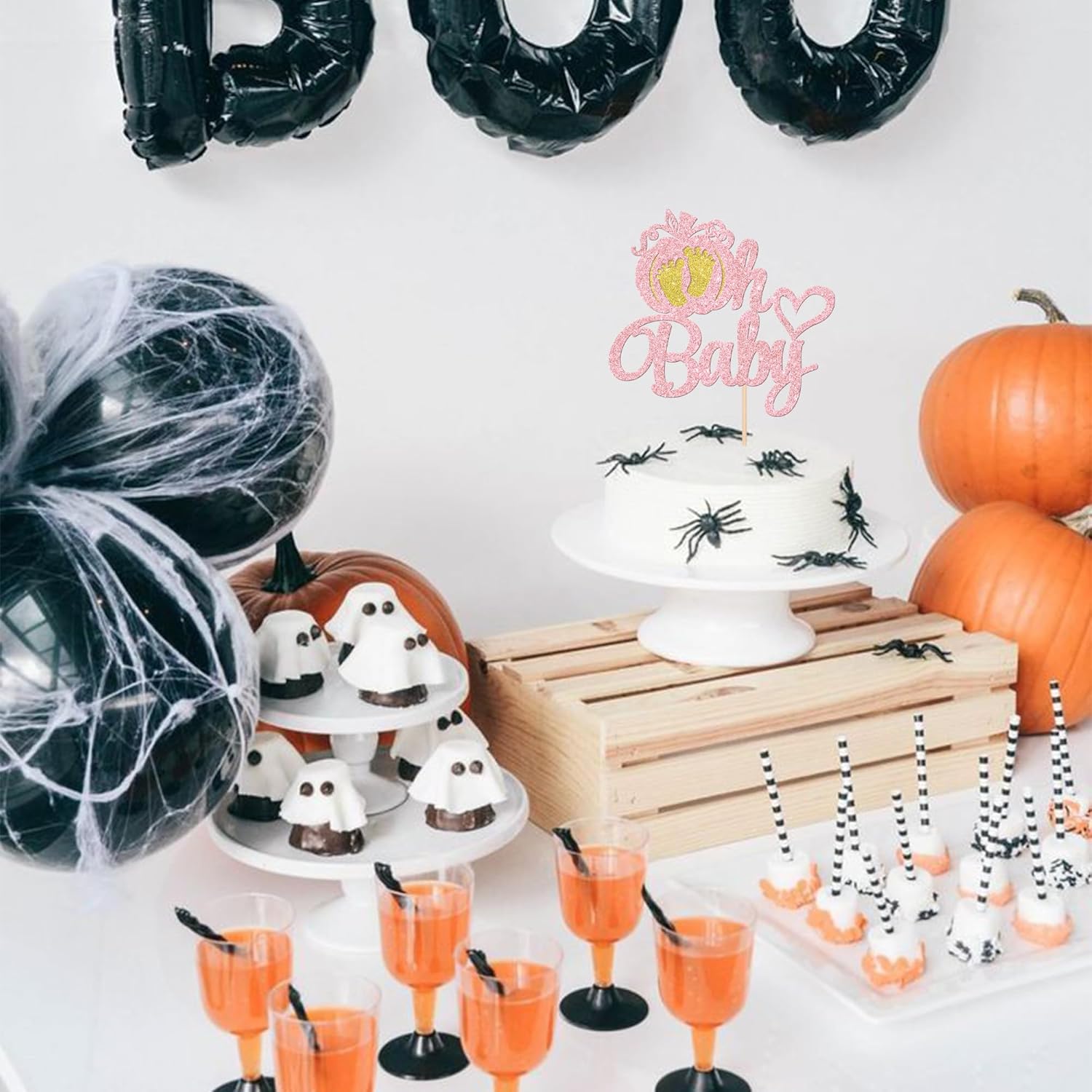1 pieza de decoración de pastel de calabaza Oh Baby con purpurina, pies de corazón con purpurina, para baby shower, tema de otoño, baby shower,