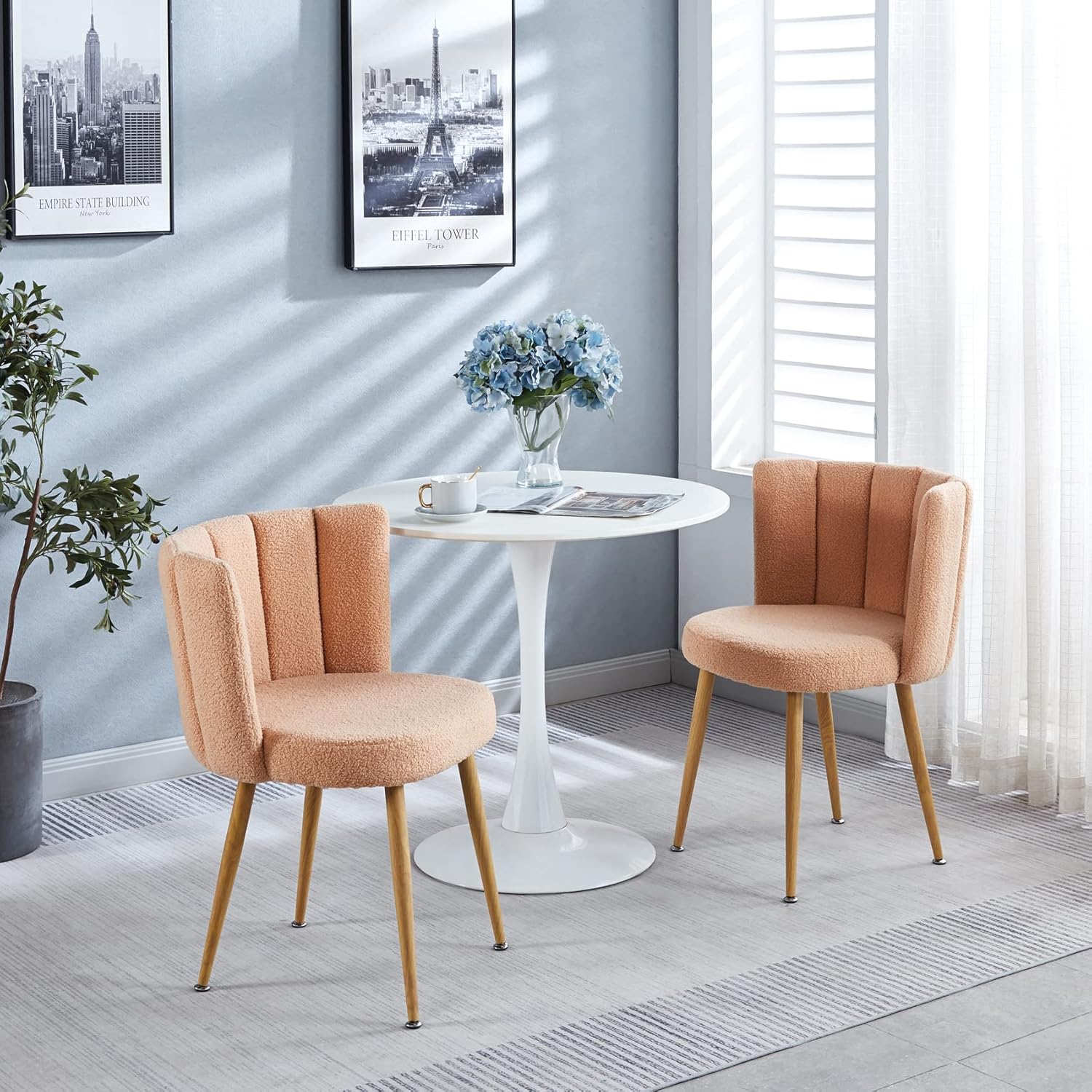 ATSNOW Juego de 2 sillas decorativas de sherpa rosa melocotón, modernas sillas laterales tapizadas de mediados de siglo para comedor, sala de estar,