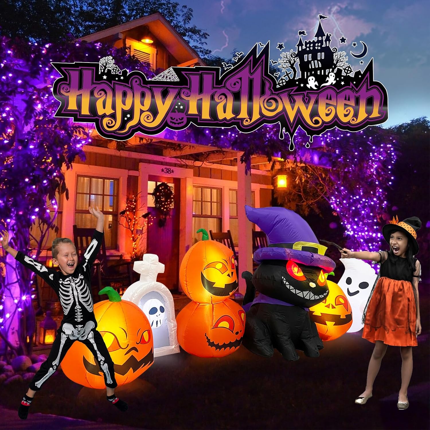 MICOCAH Inflables de Halloween de 8 pies de largo para decoración al aire libre, faroles inflables de gato y calabaza con lápida, fantasma,