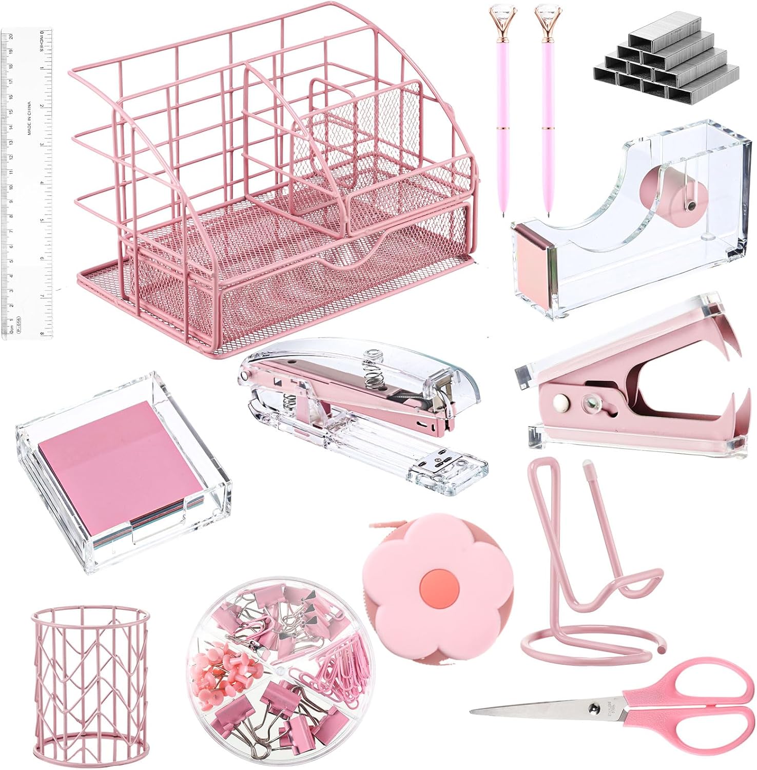 El kit de 14 accesorios de escritorio incluye grapadora, removedor de grapas, soporte para bolígrafos, caja de notas, organizador de malla metálica,