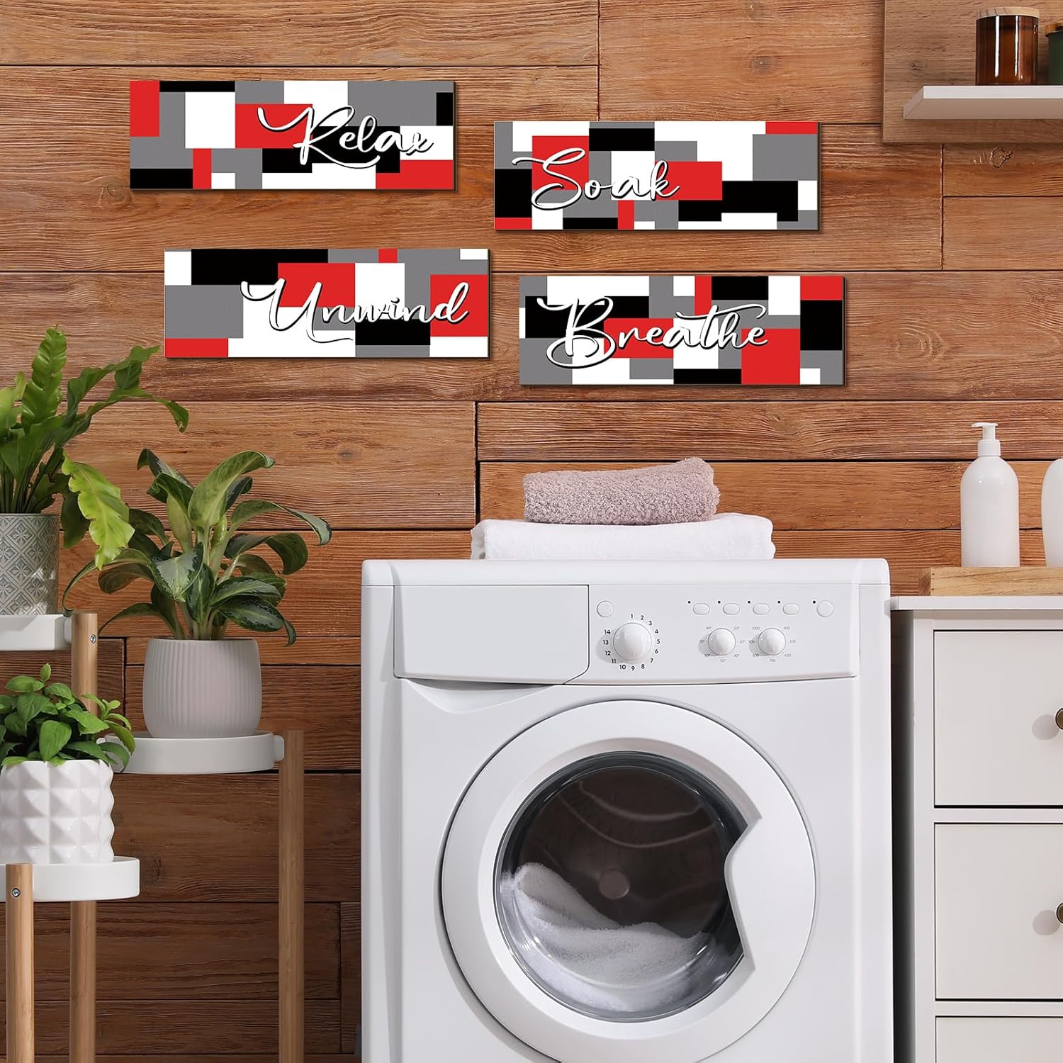 Tradder 4 piezas de pared de baño, decoración rústica de pared de baño, fotos de baño, relajarse, descansar, respirar, lavandería, decoración del