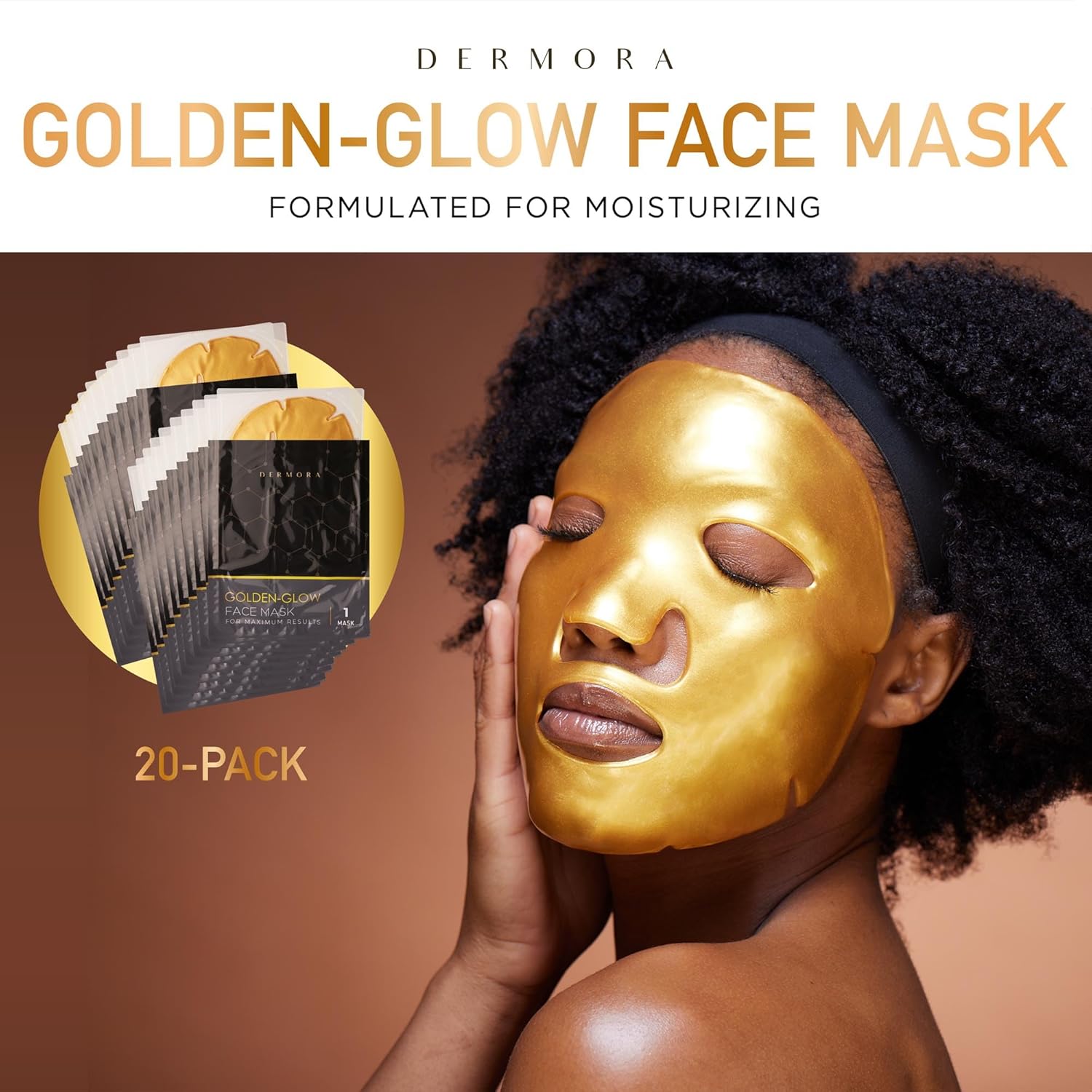 DERMORA Máscara de tratamiento de la piel, máscara facial de brillo dorado, paquete de 20 máscaras faciales de gel, máscaras faciales