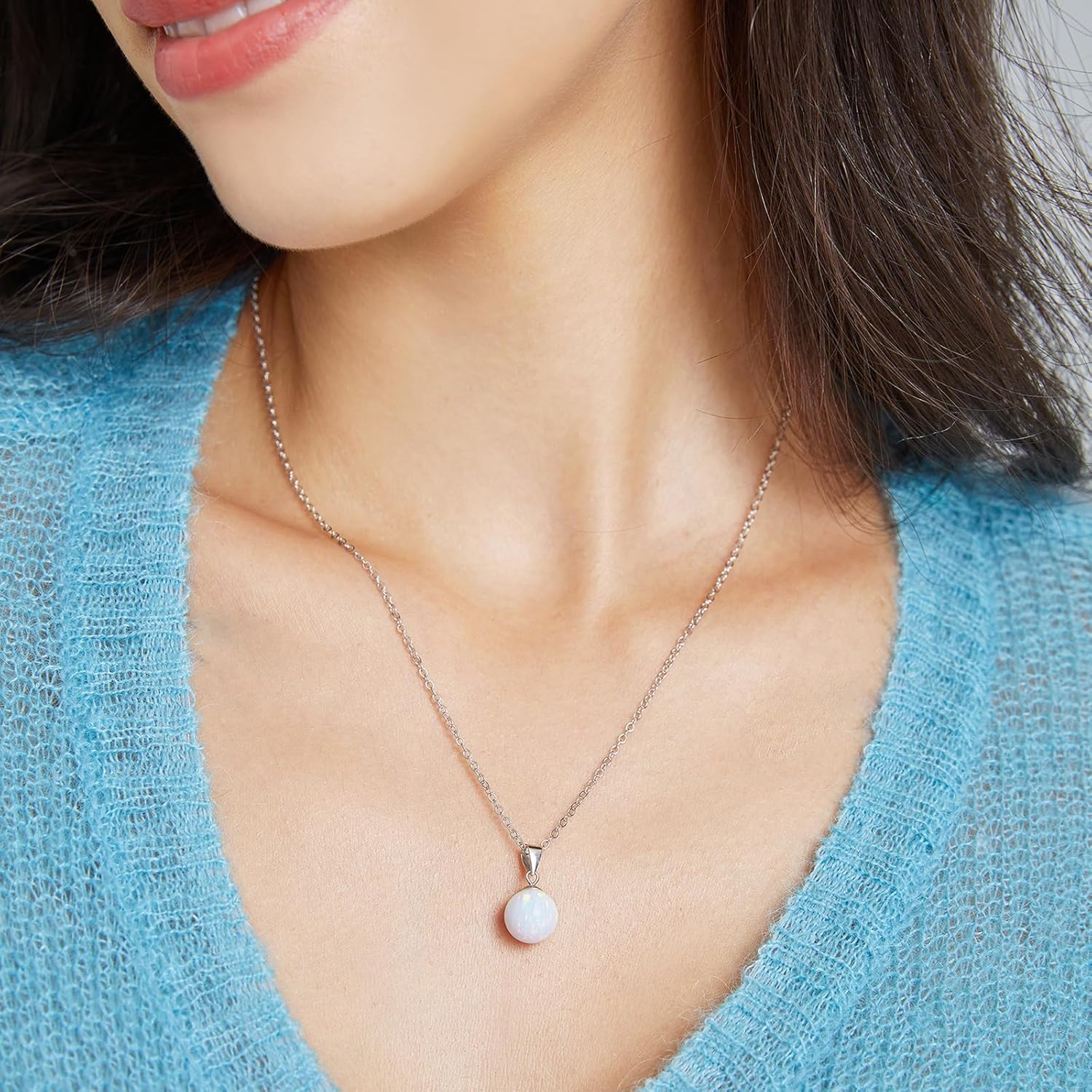Sterling Silver Opal Necklace for Women Dainty 10mm Round White Opal Necklaces Handmade Opal Jewelry for Women