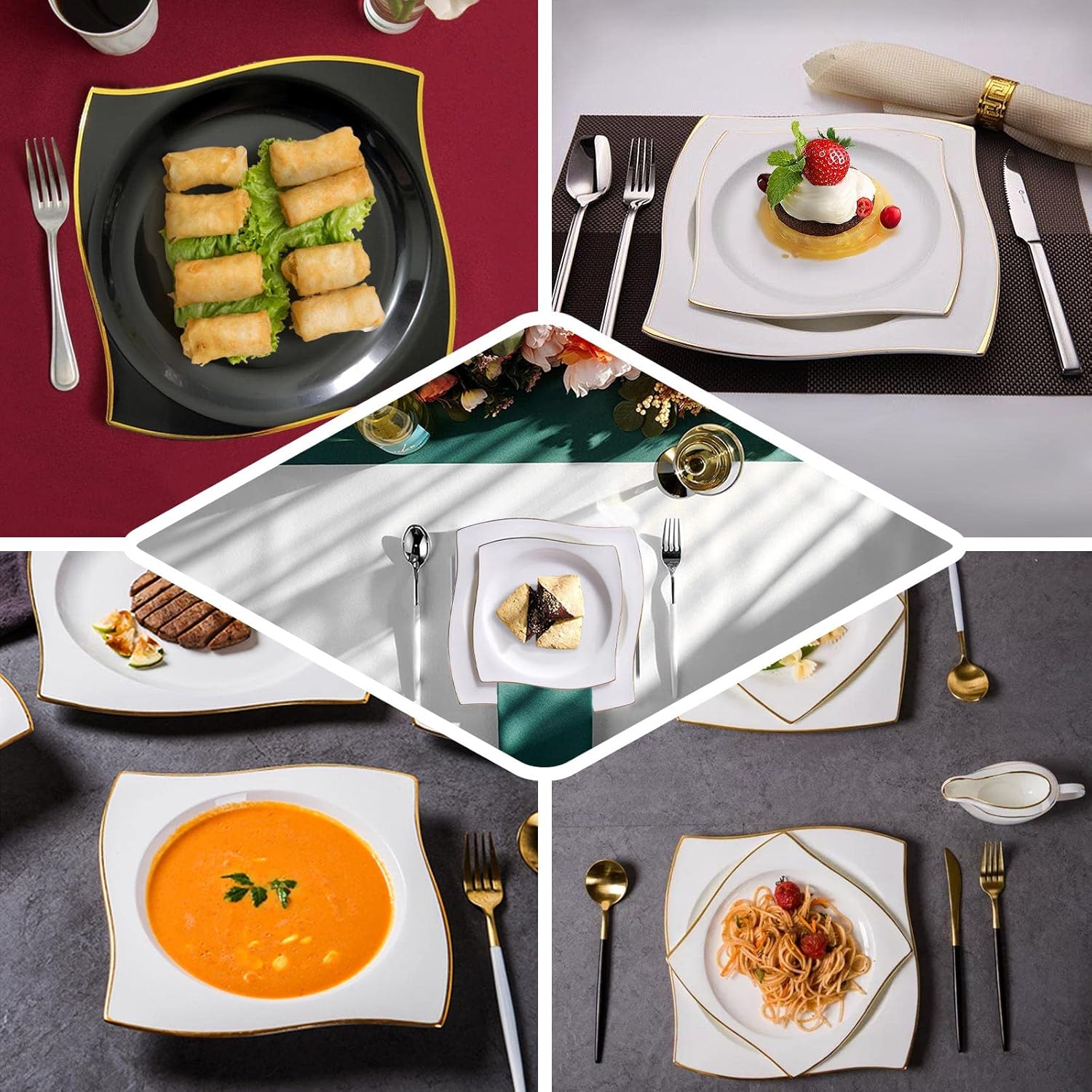 Efavormart – Paquete de 10 platos llanos cuadrados de plástico duro con borde ondulado blancodorado de 8 pulgadas, platos desechables para fiestas