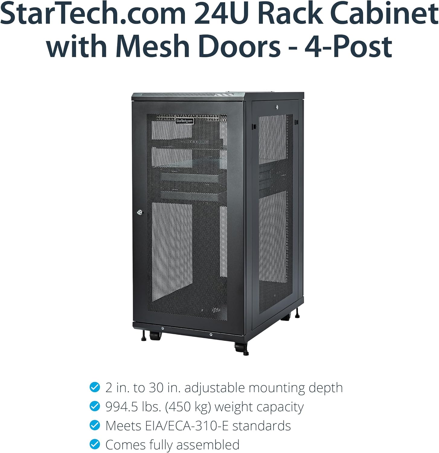 StarTech.com Gabinete para rack de servidores de 4 postes de 24U, gabinete de rack de datos de 19″ para equipos de TI  red, con rieles de montaje
