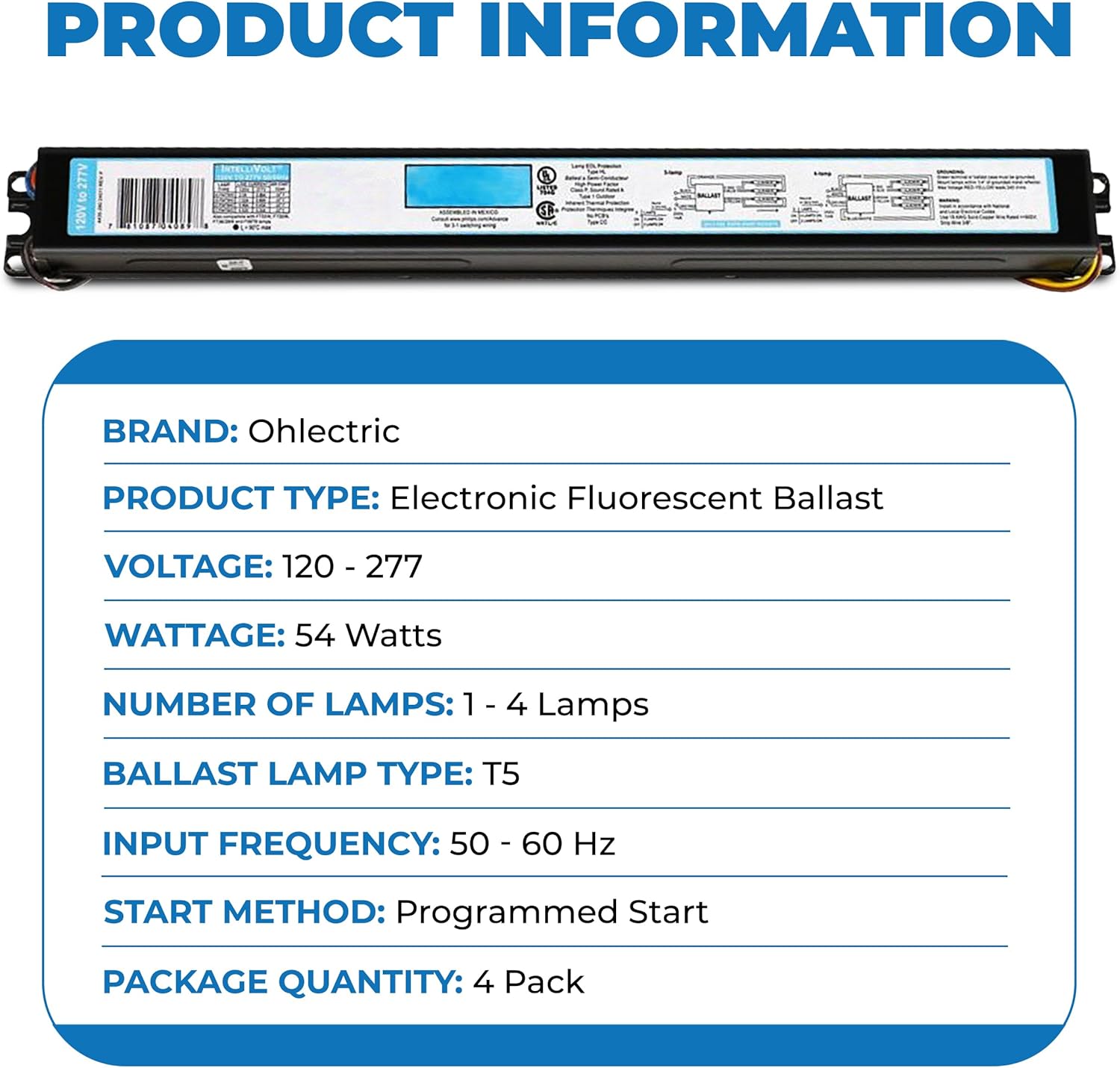OHLECTRIC Repuesto para ICN-4S54-90C-2LS-G 4 lámparas  Balasto electrónico fluorescente T5  120-277 voltios  Inicio instantáneo  Balastos estándar y