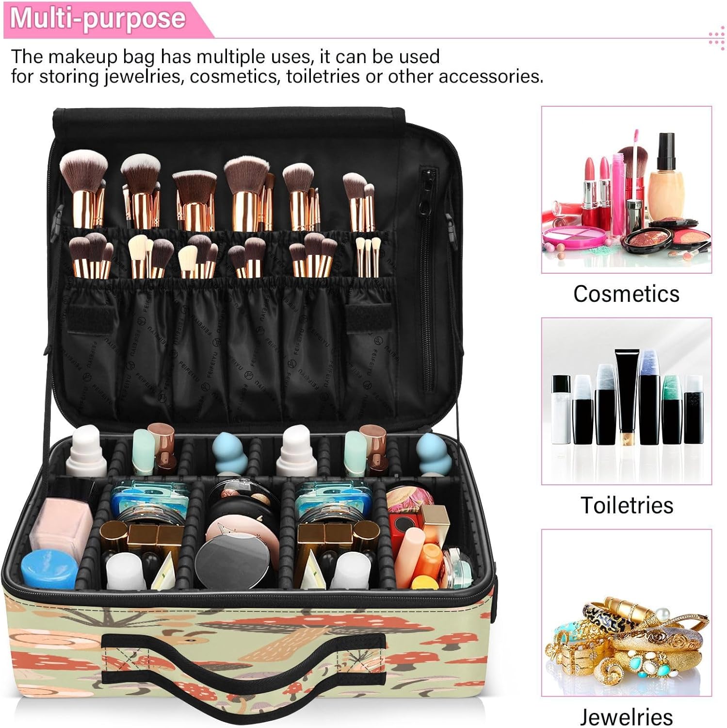 Mushroom and Animals cosmetic bag with pockets make up bag travel makeup bag zipper makeup bag with zipper bolso para cosmeticos men mens woman