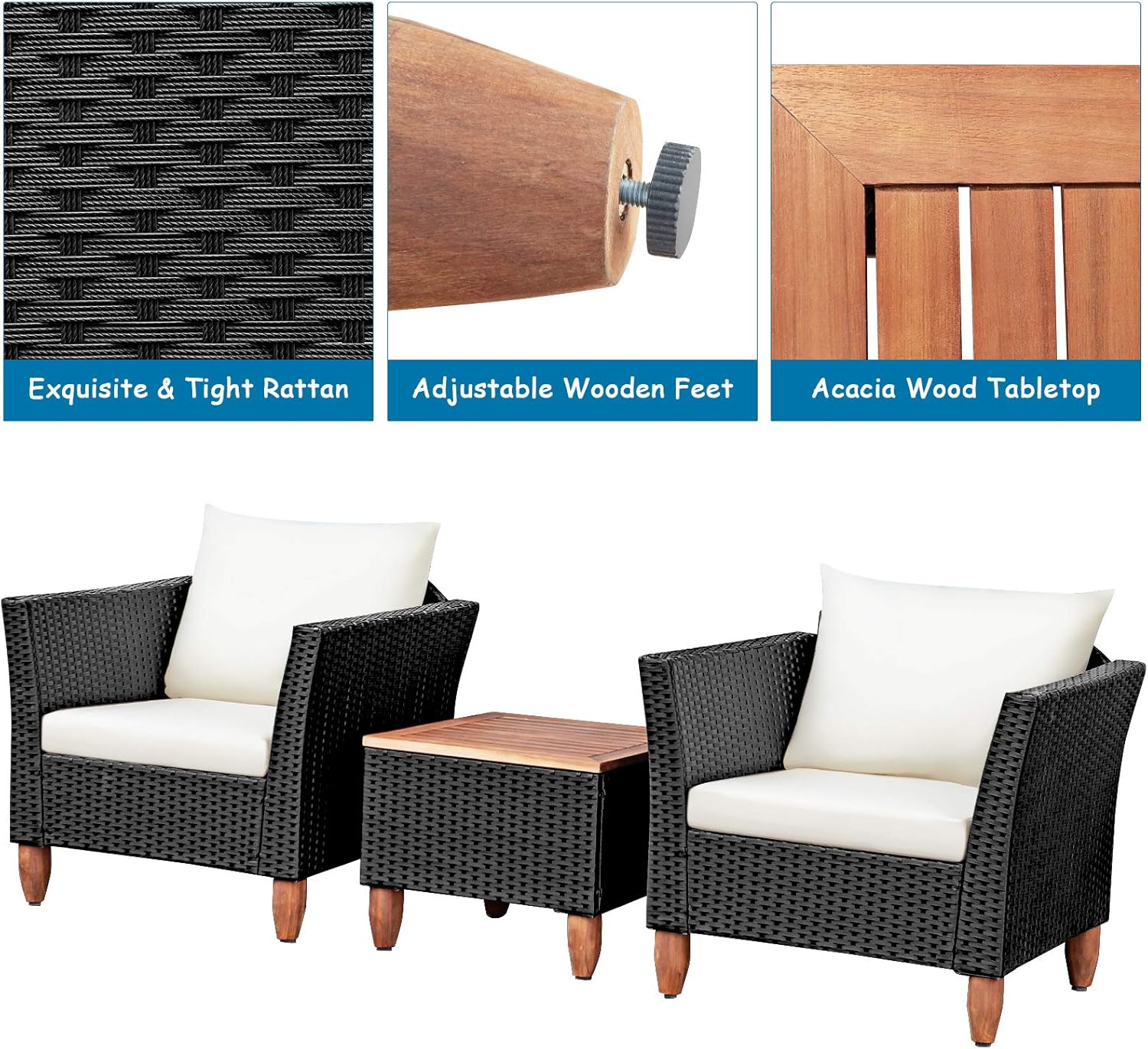 COSTWAY Juego de muebles de ratán de patio al aire libre 3PCS sofá acolchado de madera blanco