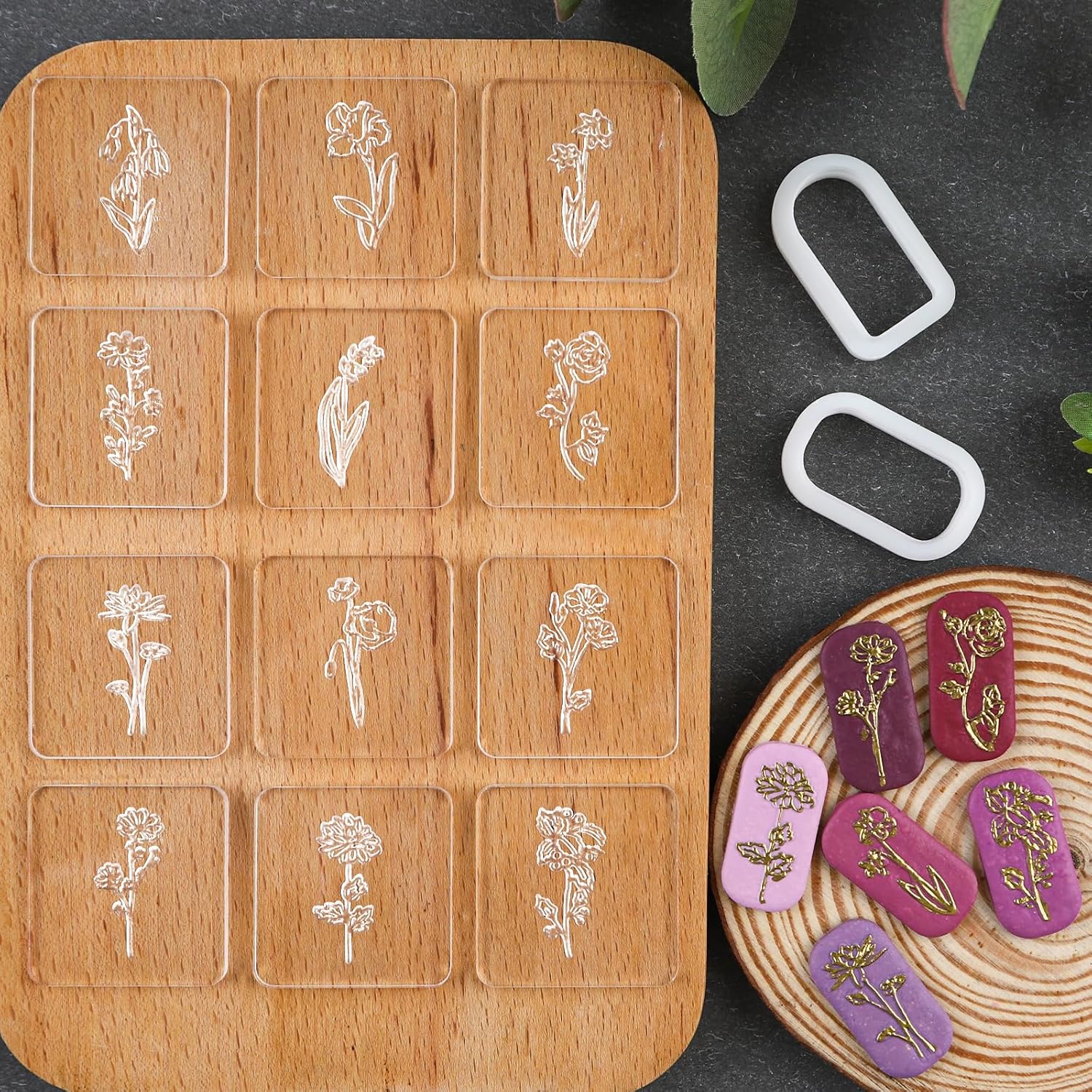 Puocaon Sello acrílico de arcilla polimérica  12 piezas de placa de textura acrílica de flor de nacimiento para la fabricación de joyas de arcilla