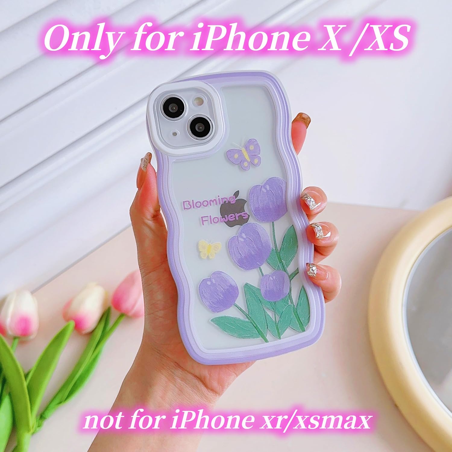 UICEAM Funda compatible con iPhone XXS10, transparente, con diseño floral de mariposa, para mujeres y niñas, diseño estético de flores onduladas,