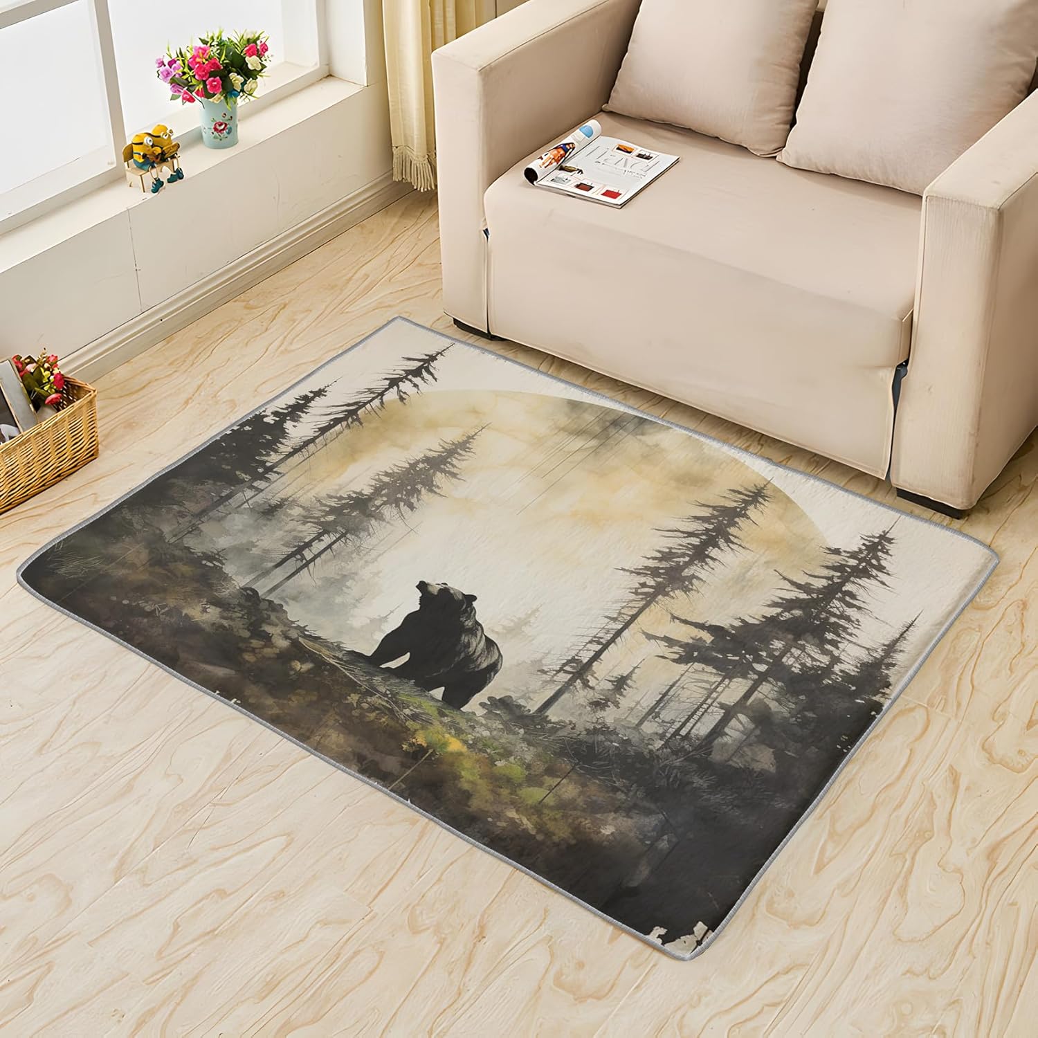 Alfombra de oso de 5 x 7 pies, alfombra de área de vida silvestre para dormitorio, sala de estar, alfombra grande con estampado de animales del