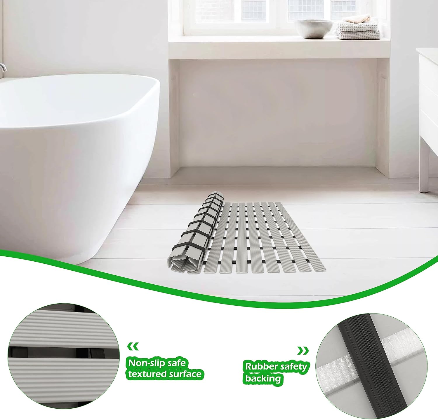 Alfombrilla antideslizante para bañera con gran orificio de drenaje, corte DIY para ducha dentro exterior, tapete de baño fácil de secar, ecológico