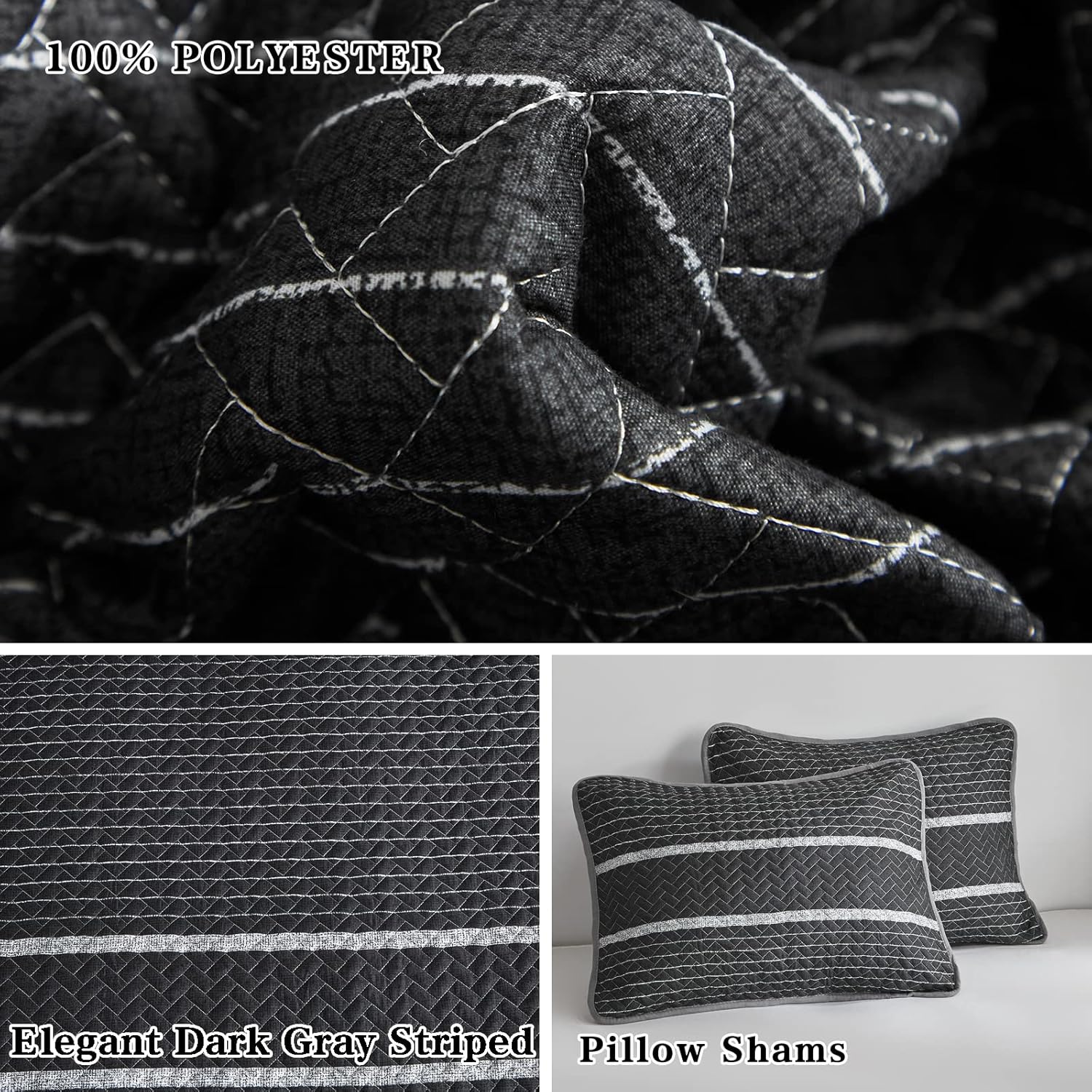Flysheep Juego de edredón bohemio gris oscuro tamaño individual para niños, 2 piezas de edredón reversible a rayas blancas sobre negro, colcha de