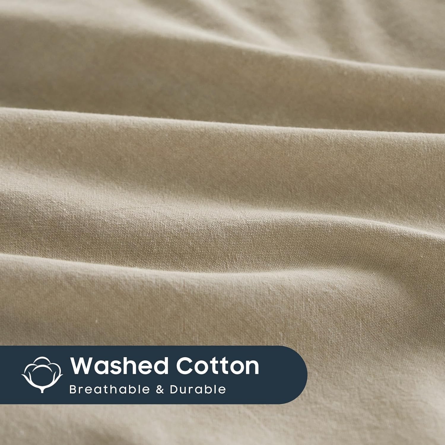 Wake In Cloud – Juego de funda de edredón color caqui, 100% hilo de algodón lavado teñido liso color avena, ropa de cama cómoda con cierre de
